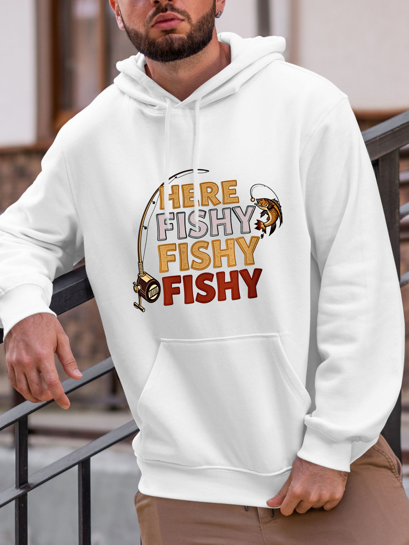 Tailorly Men's Printed Hoodie - Here Fishy Fishy Fishy With Fishing Rod And Cartoon Fish
