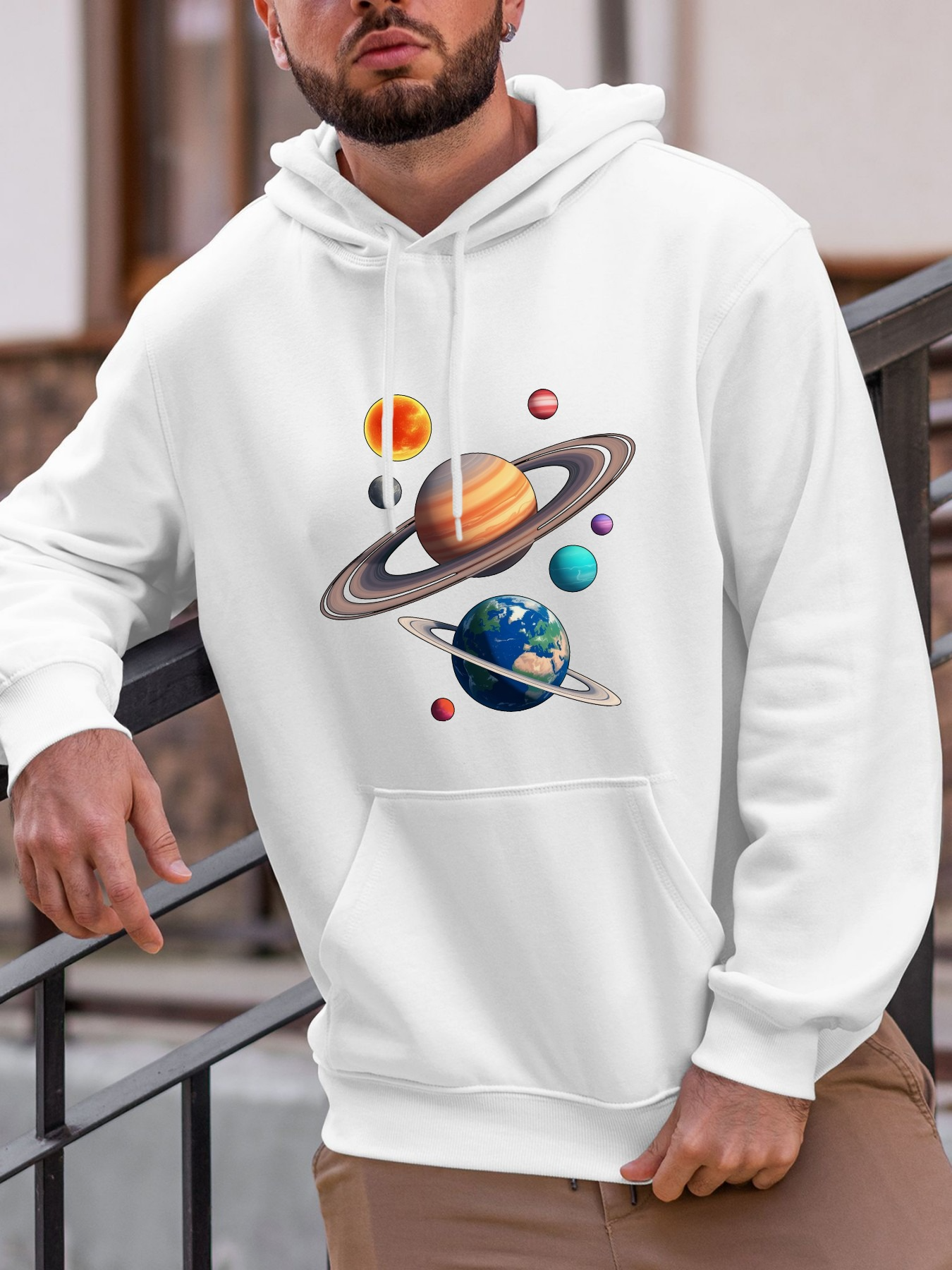 Tailorly Men's Printed Hoodie - Colorful Outer Space With Rotating Planets And Glowing Saturn
