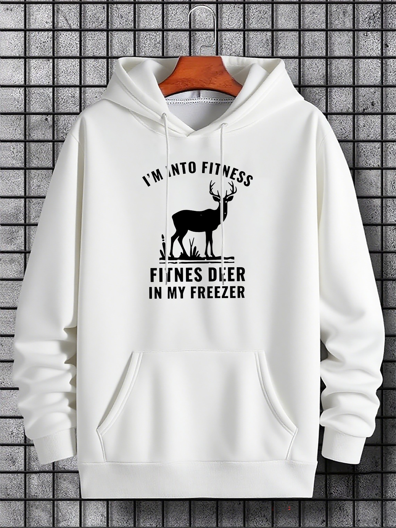 Tailorly Men's Printed Hoodie - Im Into Fitness Fitnes Deer In My Freezer With Silhouette And Freezer Under Winter Night Deer