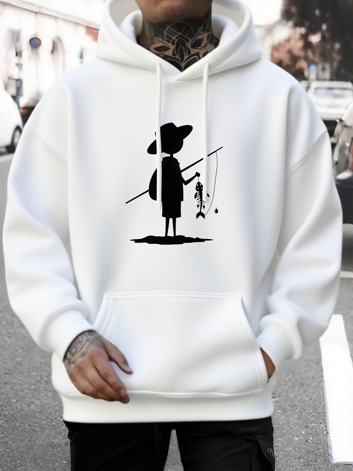 Tailorly Men's Printed Hoodie - Minimalist Shadow Figure With Fishing Rod Catching A Small Fish