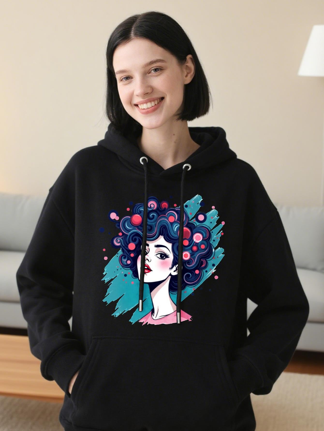 Tailorly Women's Printed Hoodie - Playful Bubble Abstract Hair Woman Portrait