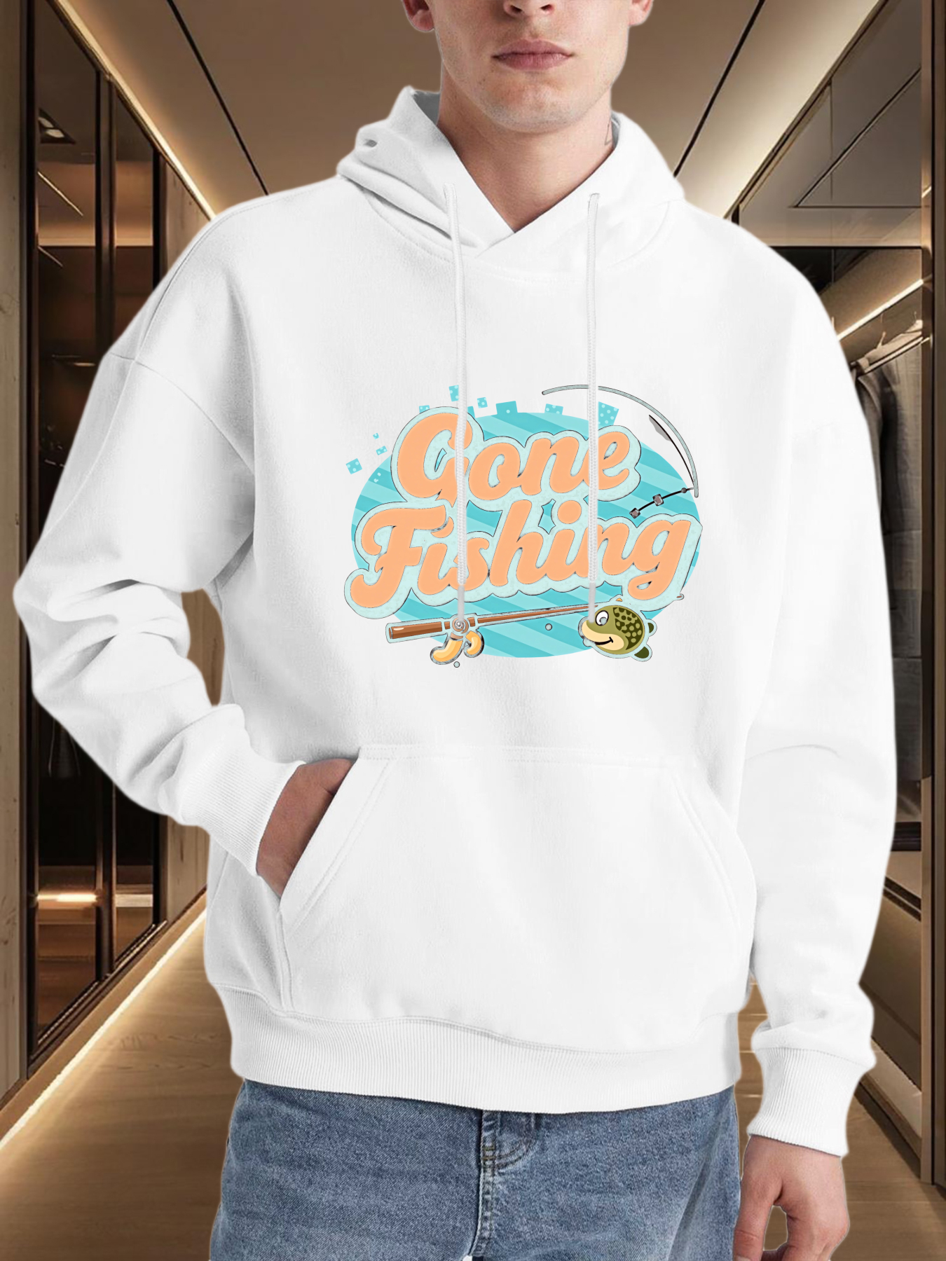 Tailorly Men's Printed Hoodie - Gone Fishing With Blue Splash Patterned Fish And Rod Featuring Lake Landscape