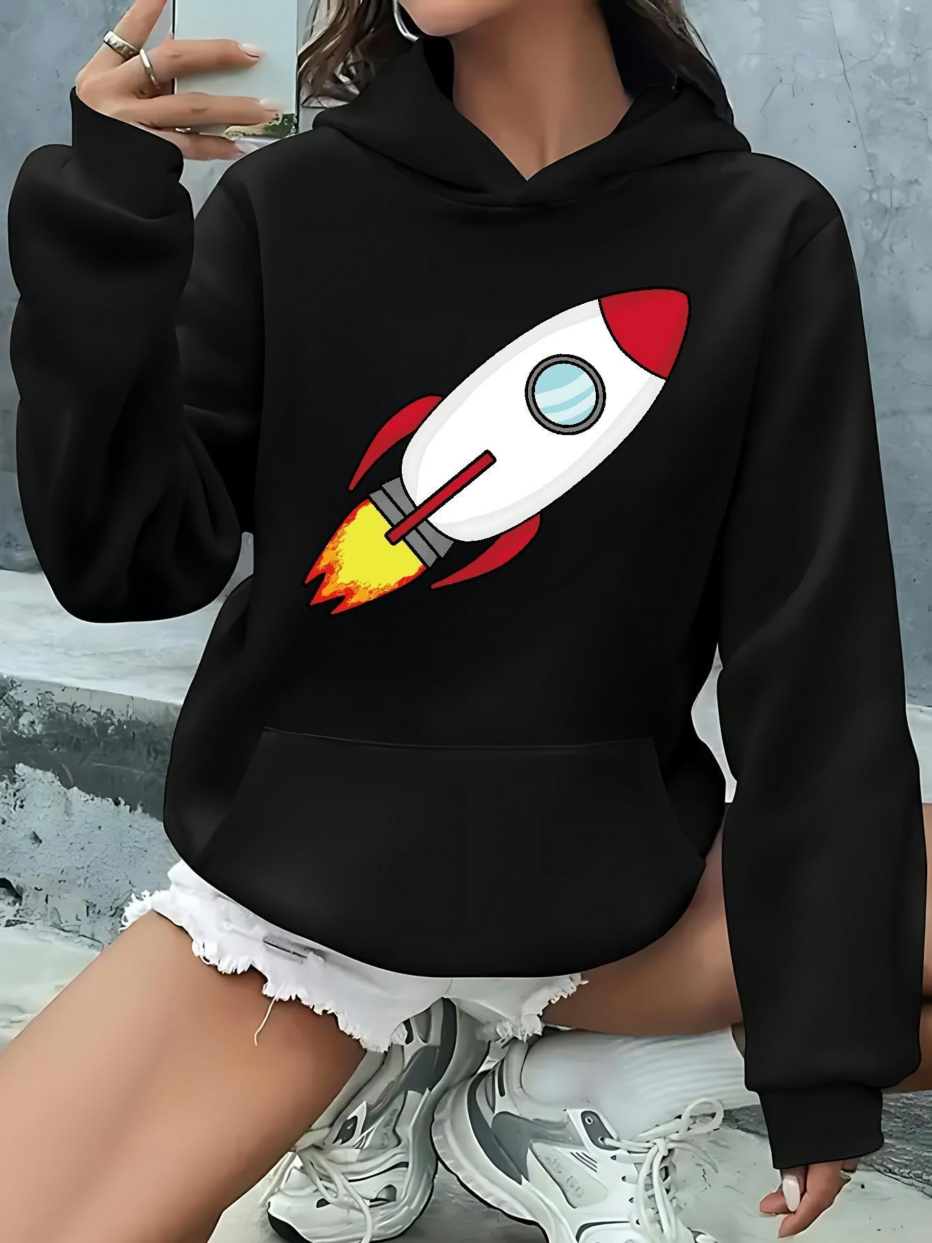 Tailorly Women's Printed Hoodie - Colorful Cartoon Flames Brightly Launching Spaceship Rocket