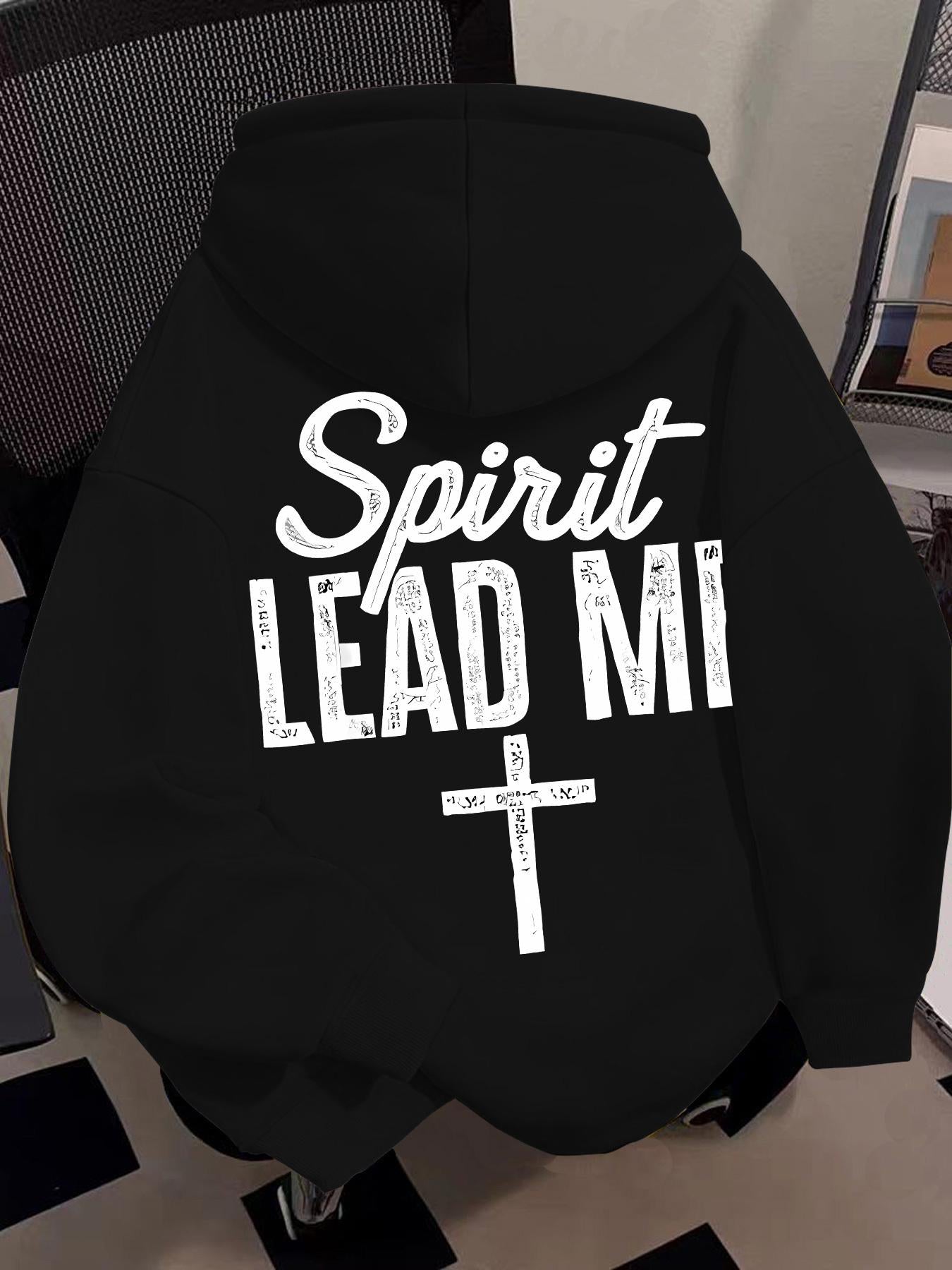 Tailorly Women's Printed Hoodie - Spirit Lead Me Grunge White Text With Simple Christian Cross Hooded Sweatshirt