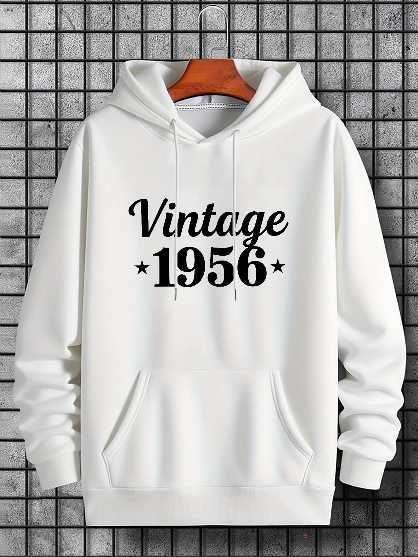 Tailorly Men's Printed Hoodie - Vintage 1956 Bold Typeface With Star Motifs Classic White Hoodie