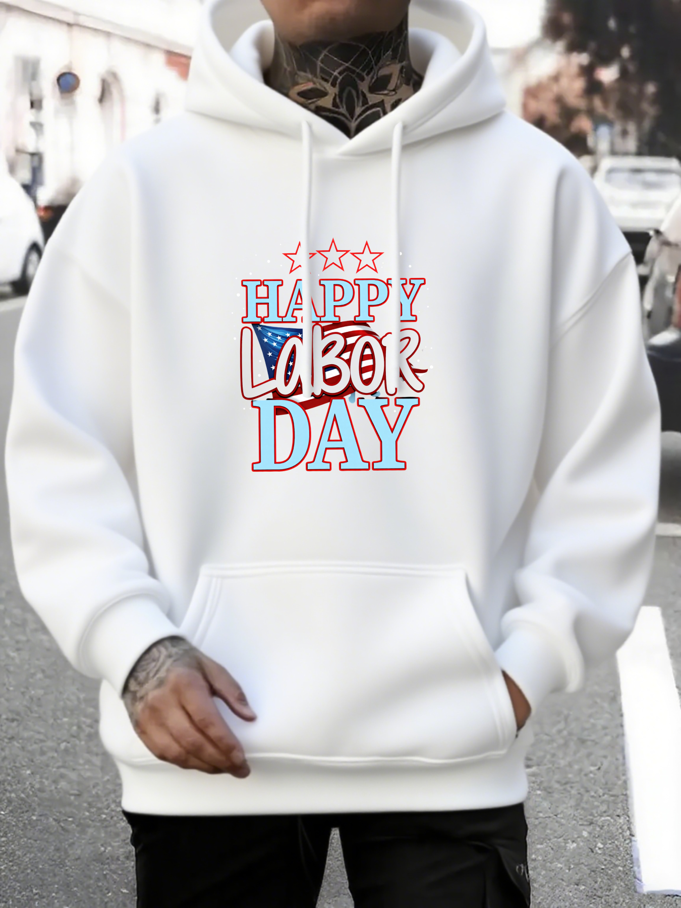 Tailorly Men's Printed Hoodie - Happy Labor Day Patriotic Letters Surrounded By Stars Print