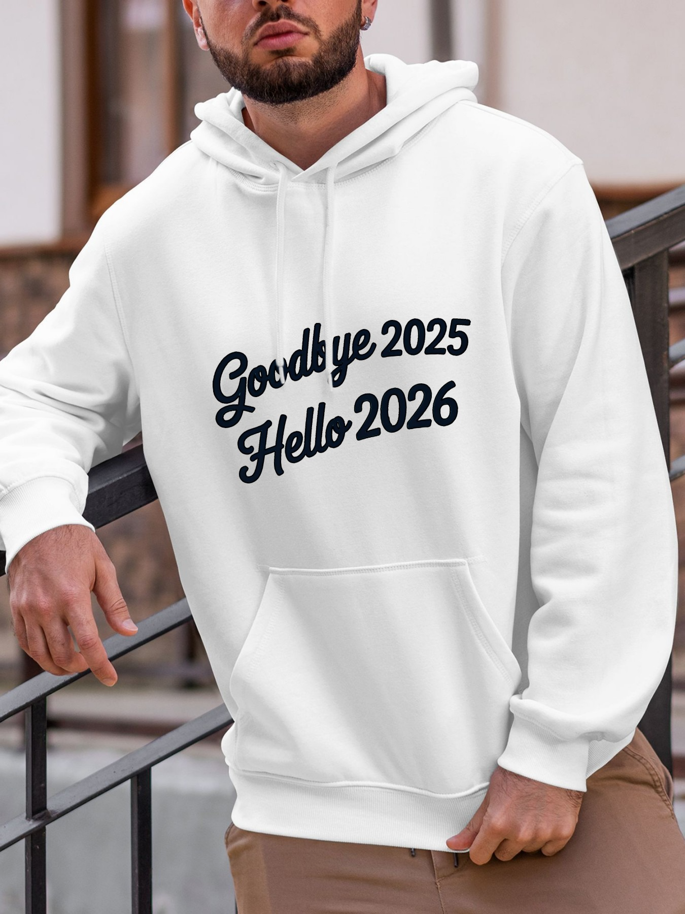 Tailorly Men's Printed Hoodie - Goodbye 2025 Hello 2026 Modern Lettering On Clean White Hoodie