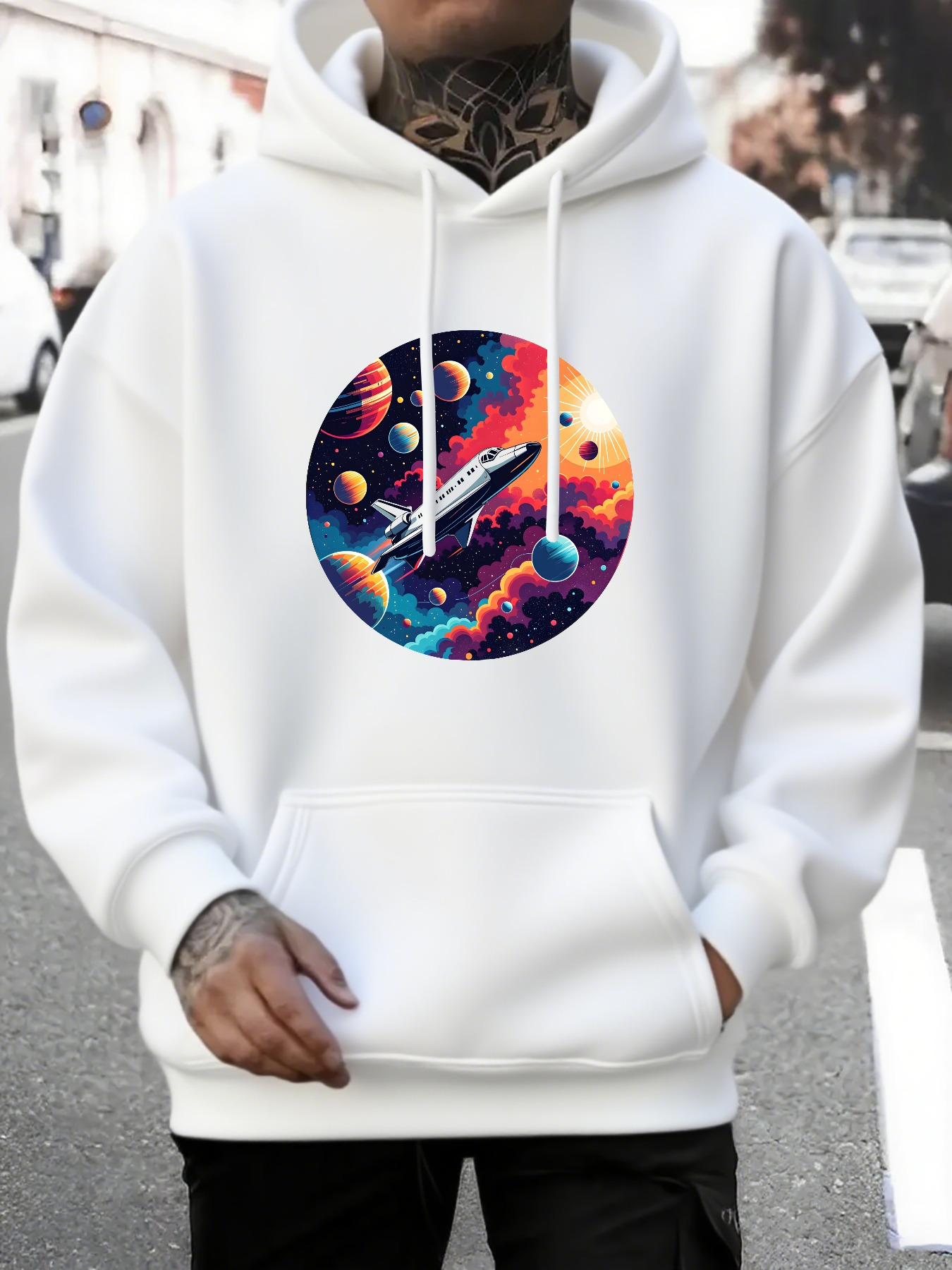 Tailorly Men's Printed Hoodie - Colorful Cosmic Planets With Vivid Starlit Clouds And Rocket Spaceship
