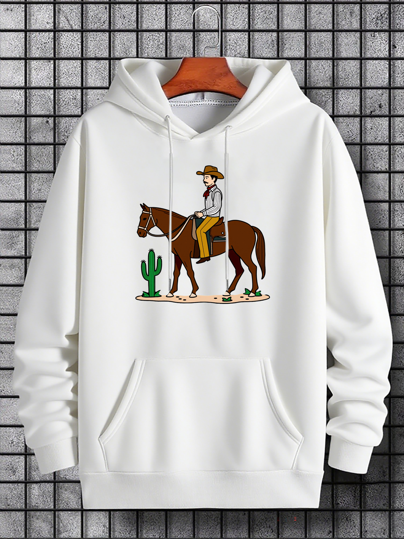 Tailorly Men's Printed Hoodie - Cowboy With Cactus Among Desert Sunlight Riding A Strong Brown Horse