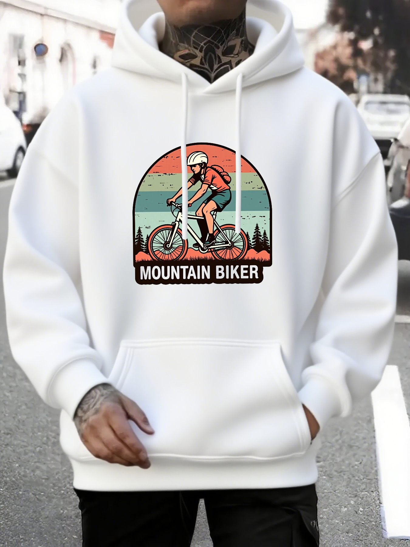 Tailorly Men's Printed Hoodie - Mountain Biker Riding Through Colorful Sunset Mountainscape