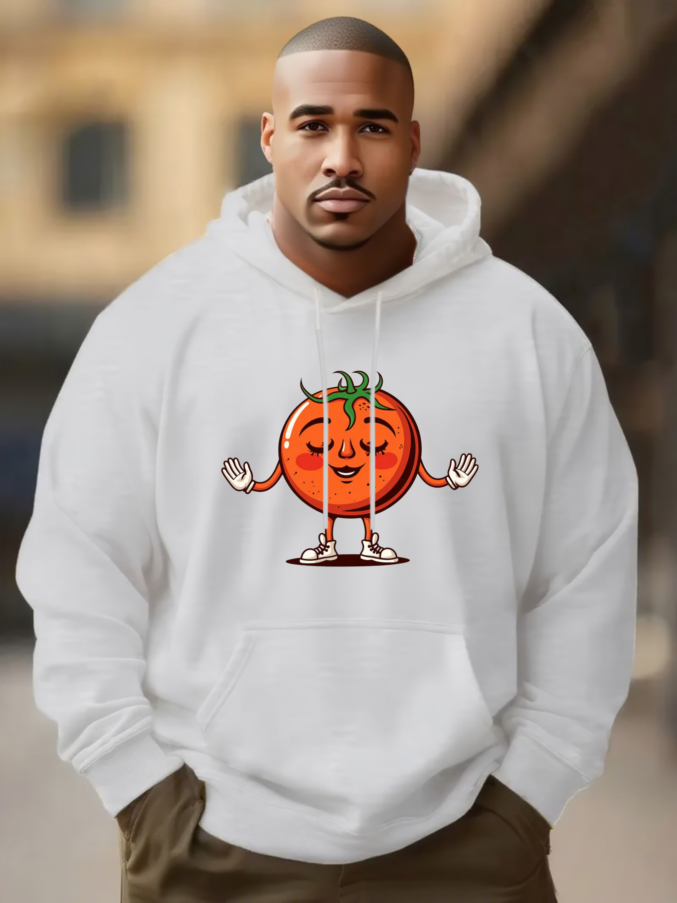 Tailorly Men's Printed Hoodie - Smiling Cartoon Tomato With Playful Hands And Green Leafy Top Tomato