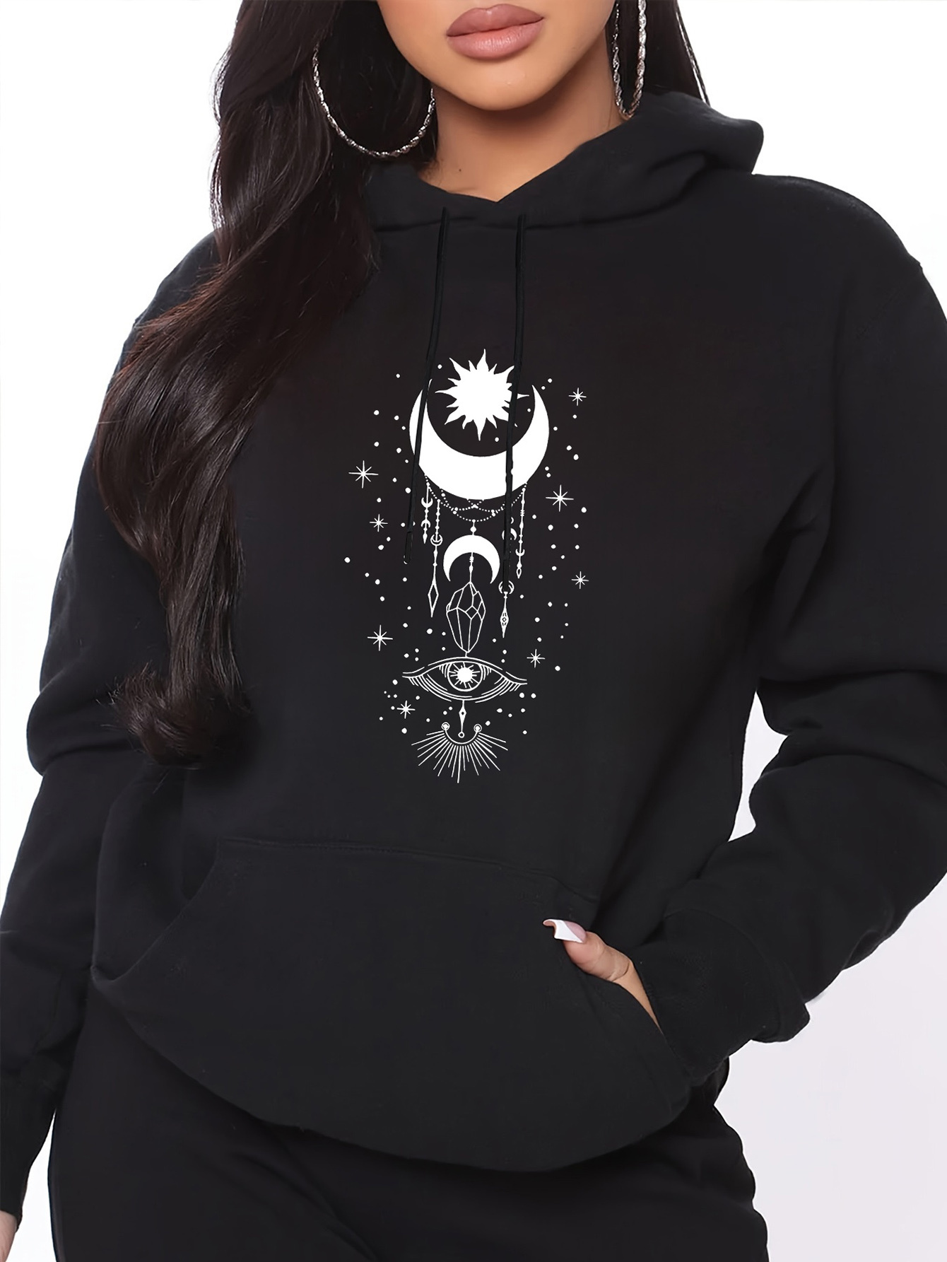 Tailorly Women's Printed Hoodie - Celestial Night With Crescent Moon Stars And Mystical Third Eye Symbol