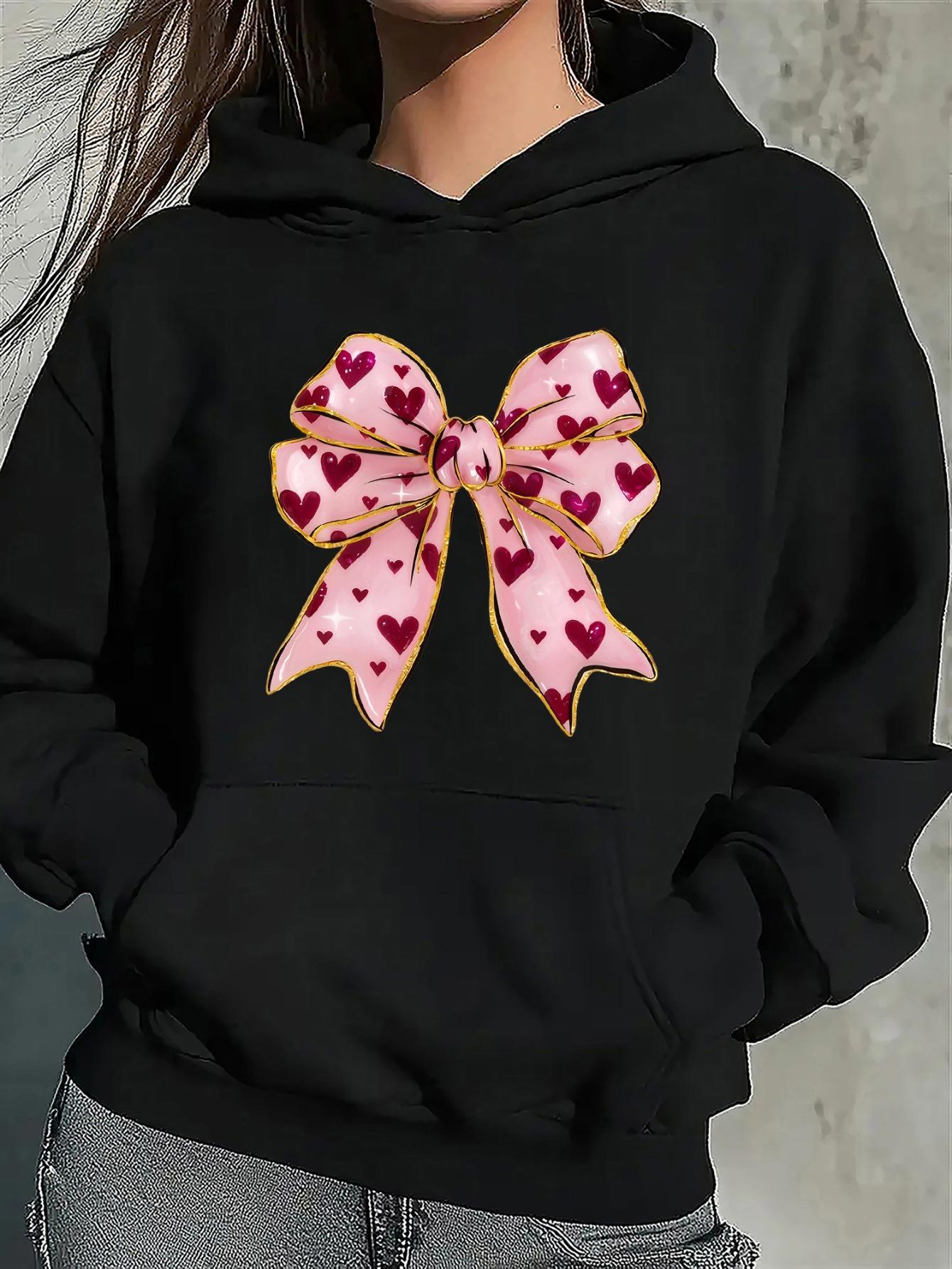 Tailorly Women's Printed Hoodie - Delicate Pink Ribbon With Patterned Hearts Centered Charming Bow