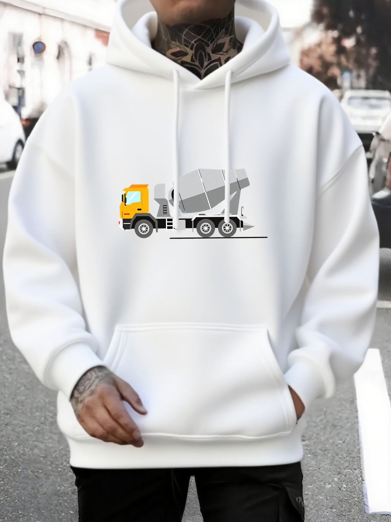 Tailorly Men's Printed Hoodie - Urban Graphic With Whimsical Concrete Truck Drawn Over Street Hoodie