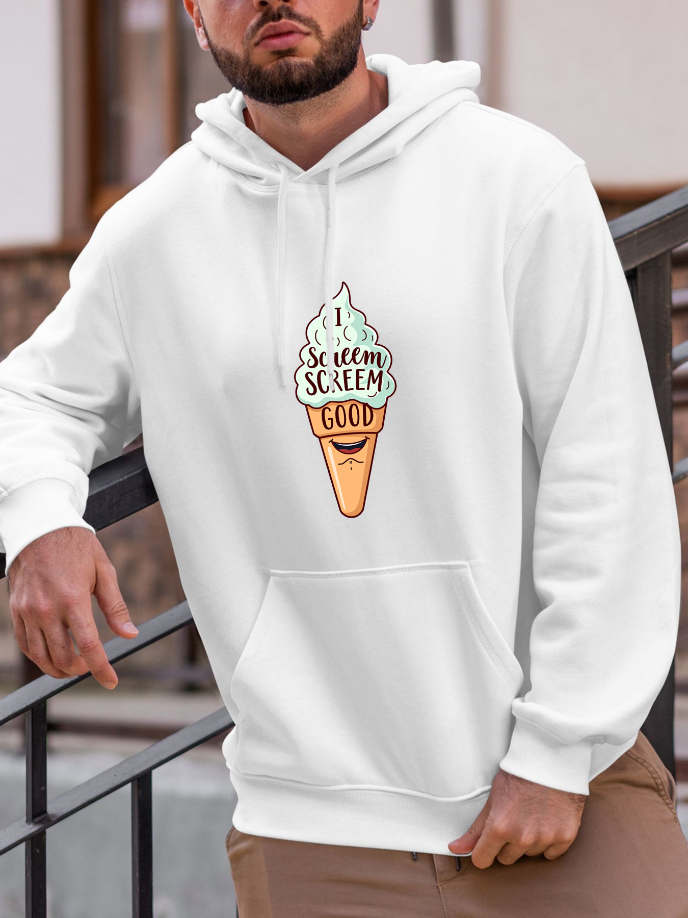 Tailorly Men's Printed Hoodie - Ice Cream Cone With Dripping Creamy Swirls Playful Summer Dessert