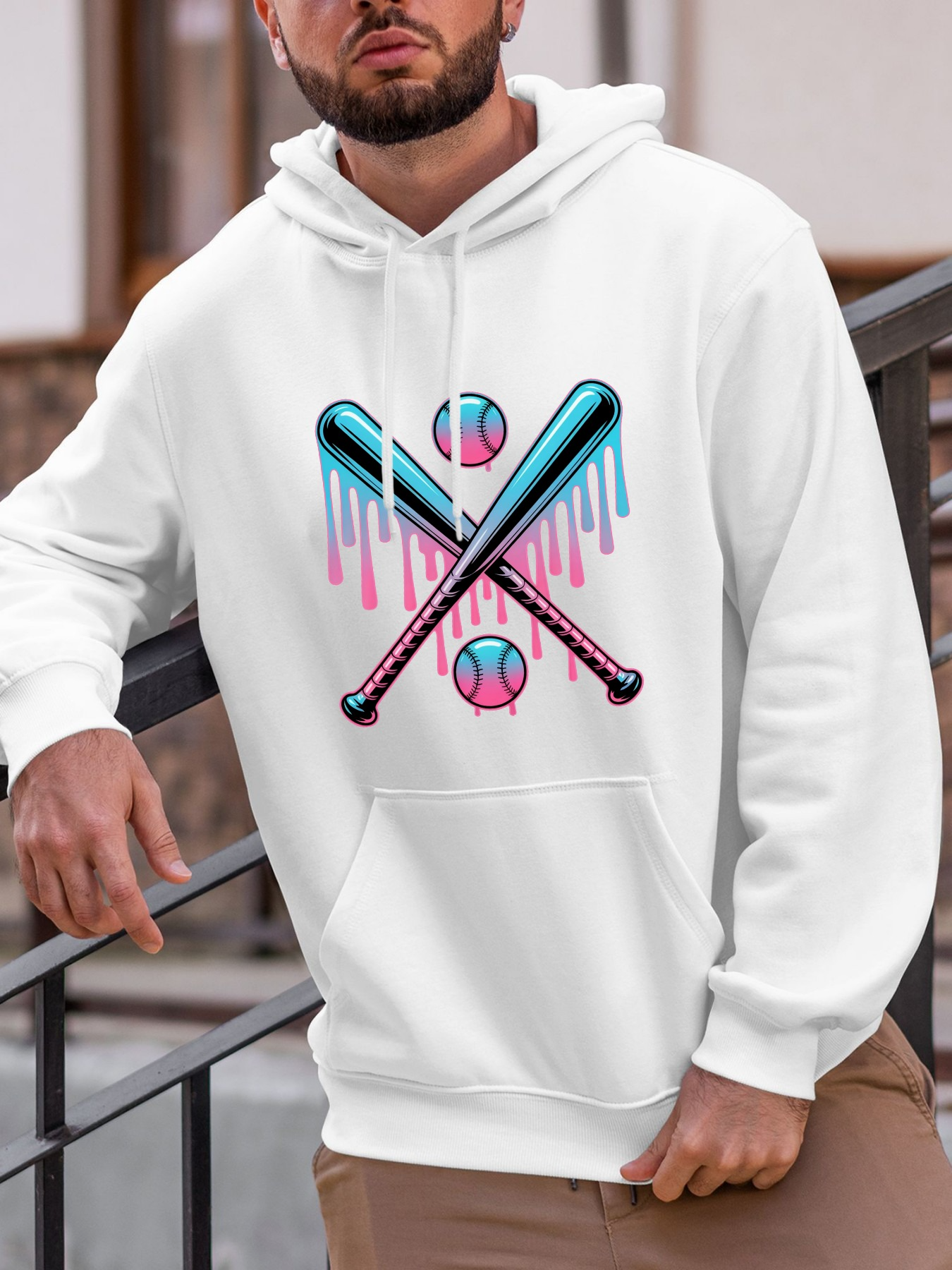 Tailorly Men's Printed Hoodie - Bright Neon Dripping Effect Over Crossed Bats And Baseball