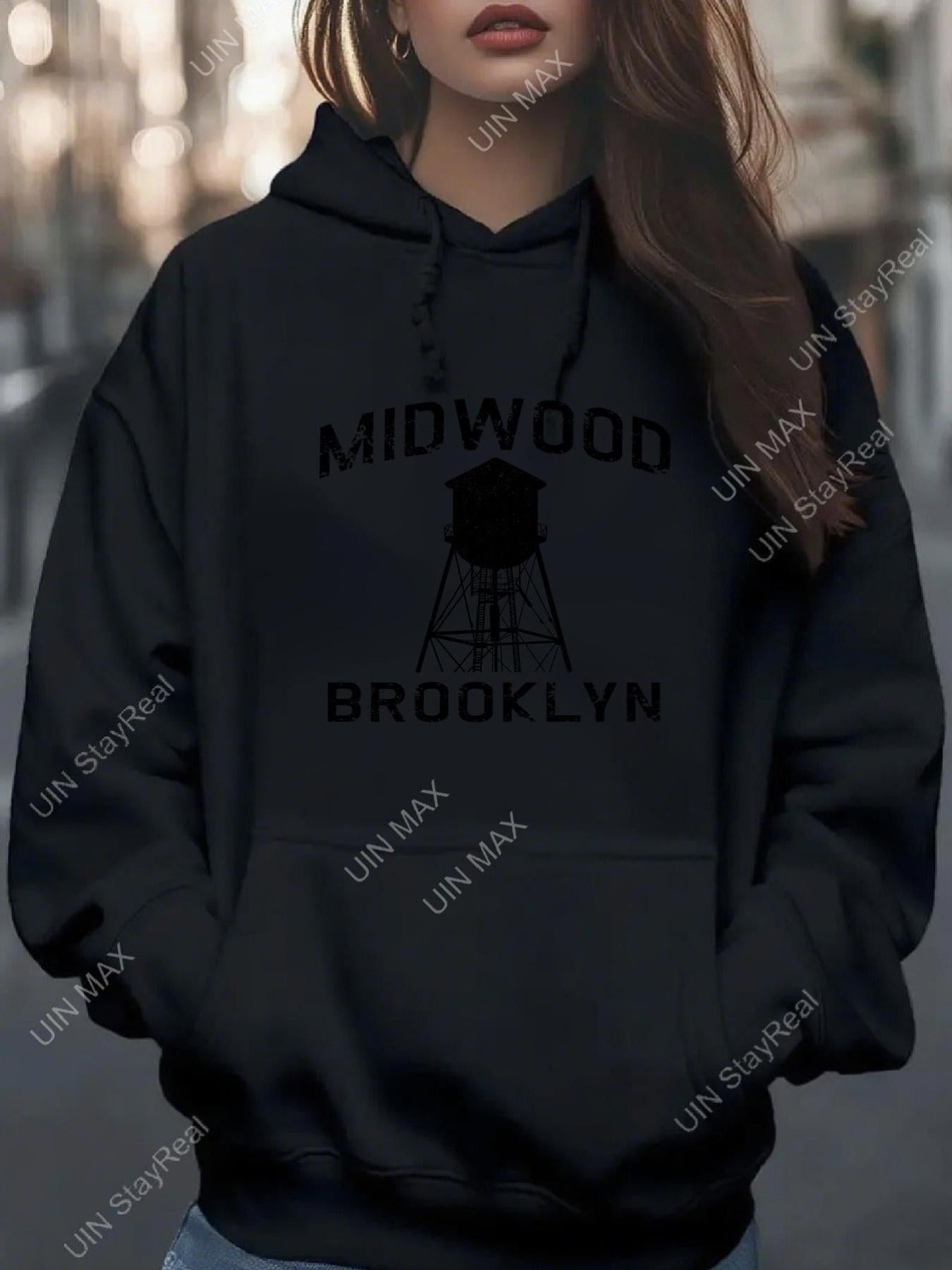 Tailorly Women's Printed Hoodie - Midwood Brooklyn Graphic With Tower Under City Skyline