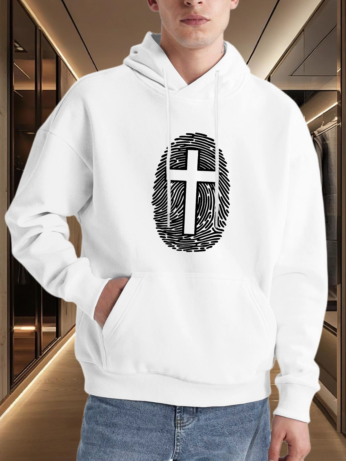 Tailorly Men's Printed Hoodie - Modern Graphic Art With Abstract Fingerprint Embracing Christian Cross