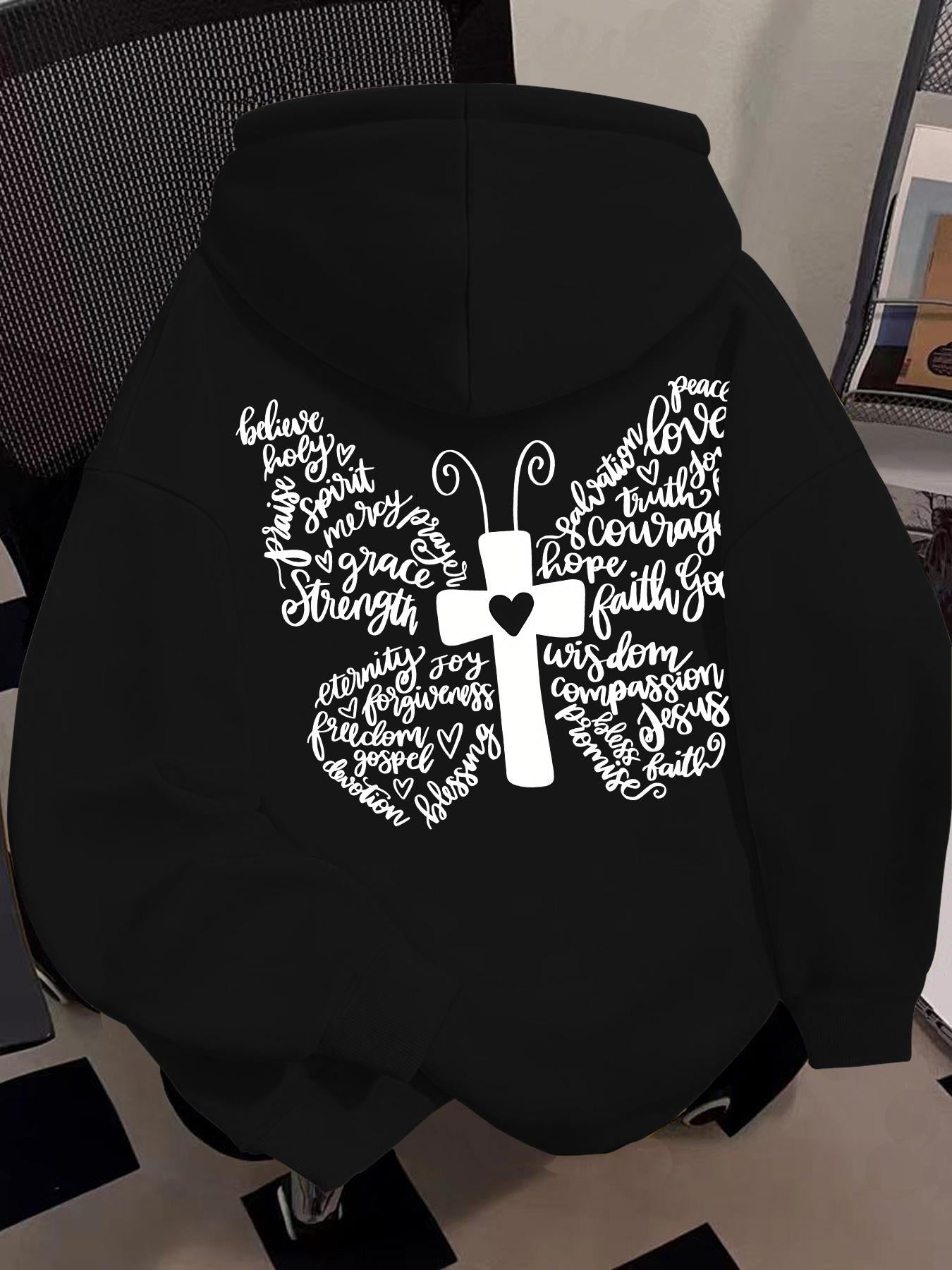 Tailorly Women's Printed Hoodie - Grace Strength Faith Hope With Christian Cross Butterfly