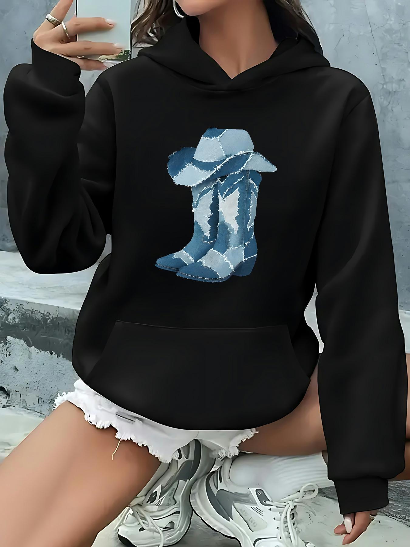 Tailorly Women's Printed Hoodie - Blue Patterned Boots And Hat Graphic Western Cowboy Hat