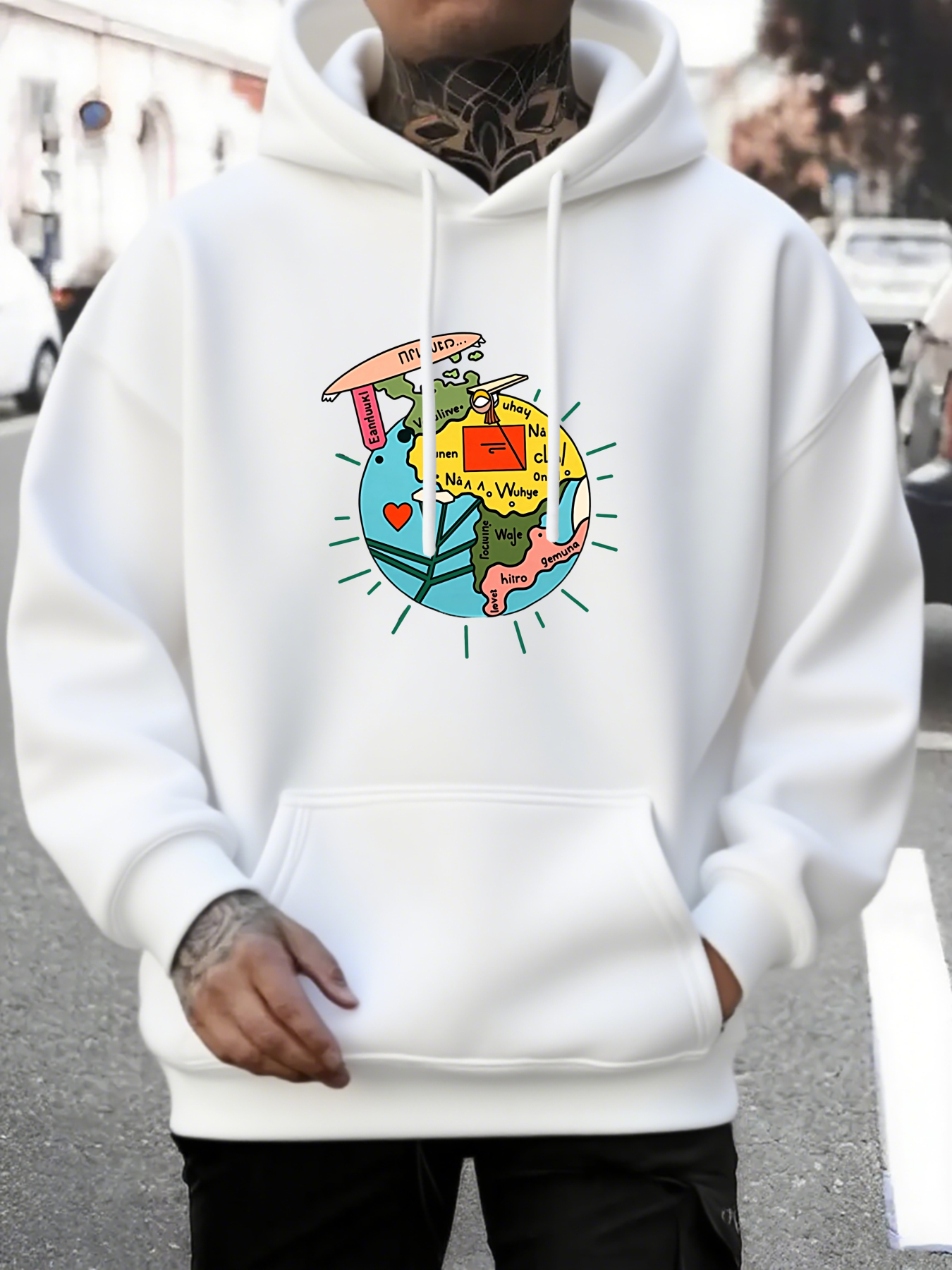 Tailorly Men's Printed Hoodie - Pizza Slice With Melting Cheese Over Blue Globe Earth