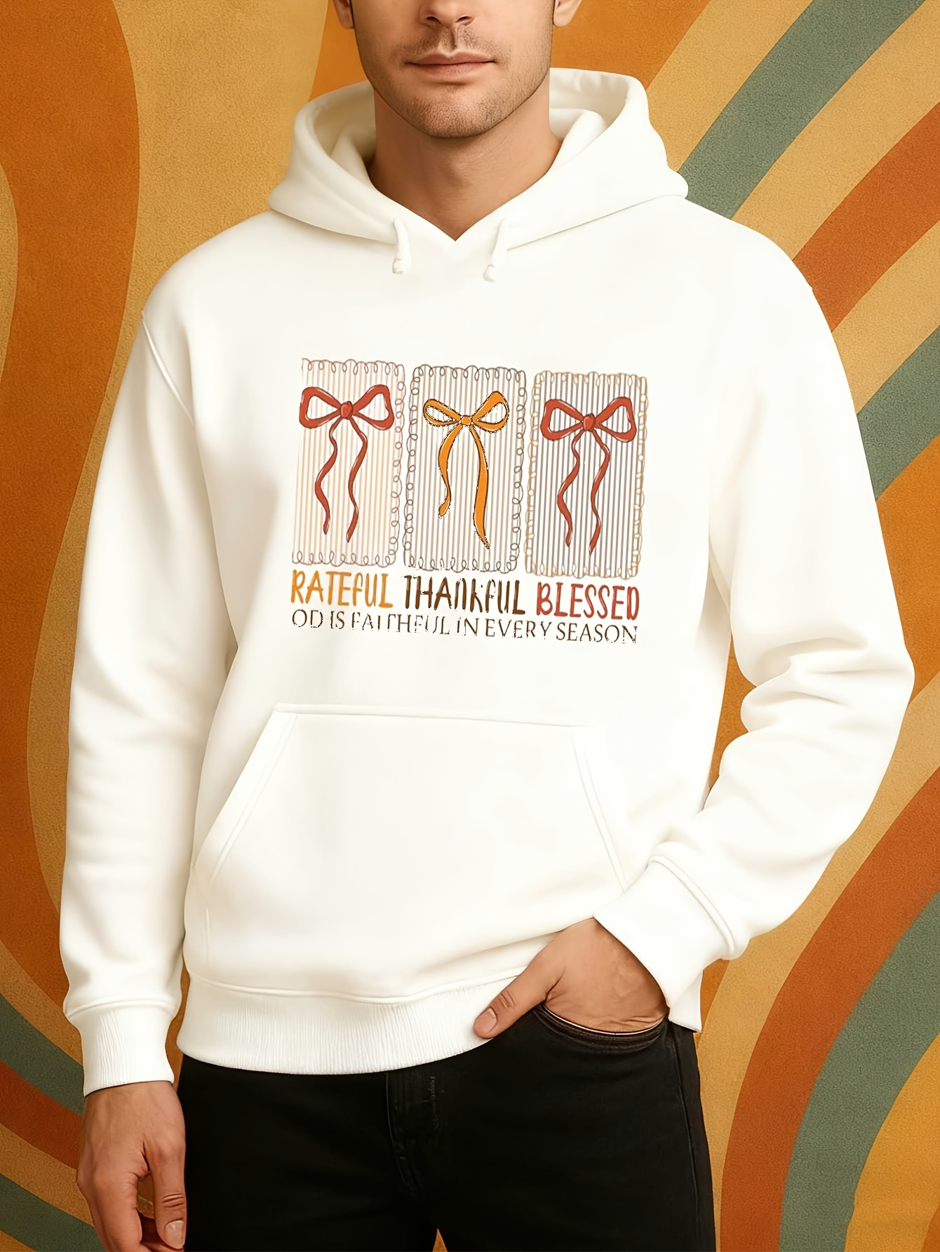 Tailorly Men's Printed Hoodie - Grateful Thankful Blessed Colorful Bows Among Abstract Painted Strokes Hoodie