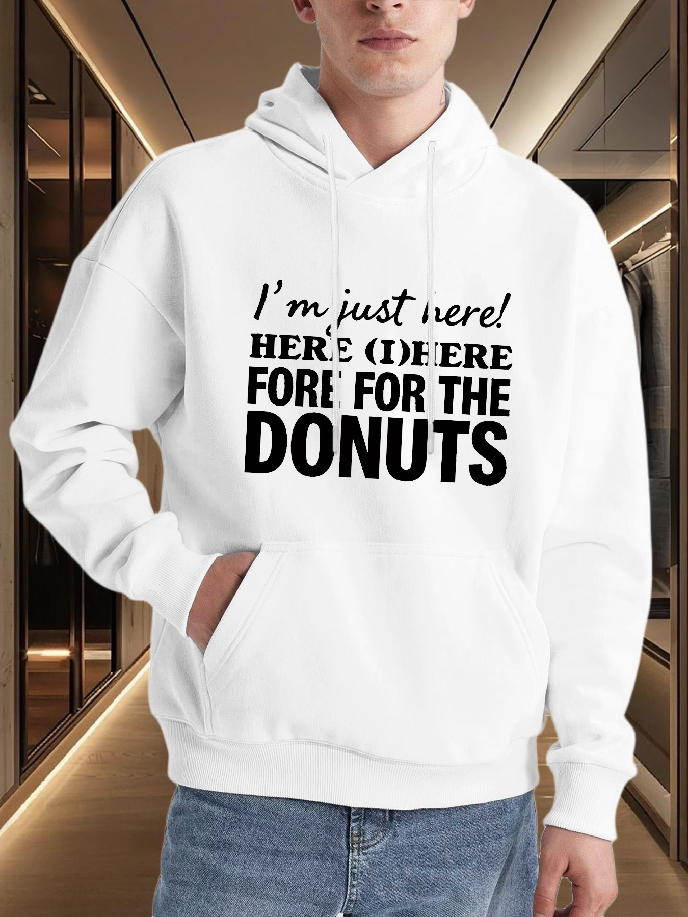 Tailorly Men's Printed Hoodie - Im Just Here For The Donuts Lettering With Bold Black Text Hoodie