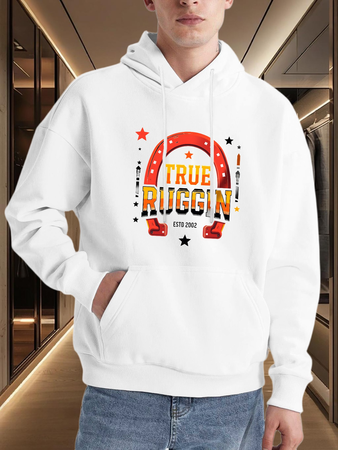 Tailorly Men's Printed Hoodie - True Ruggin Stars And Horseshoe Emphasizing Western Rodeo Theme