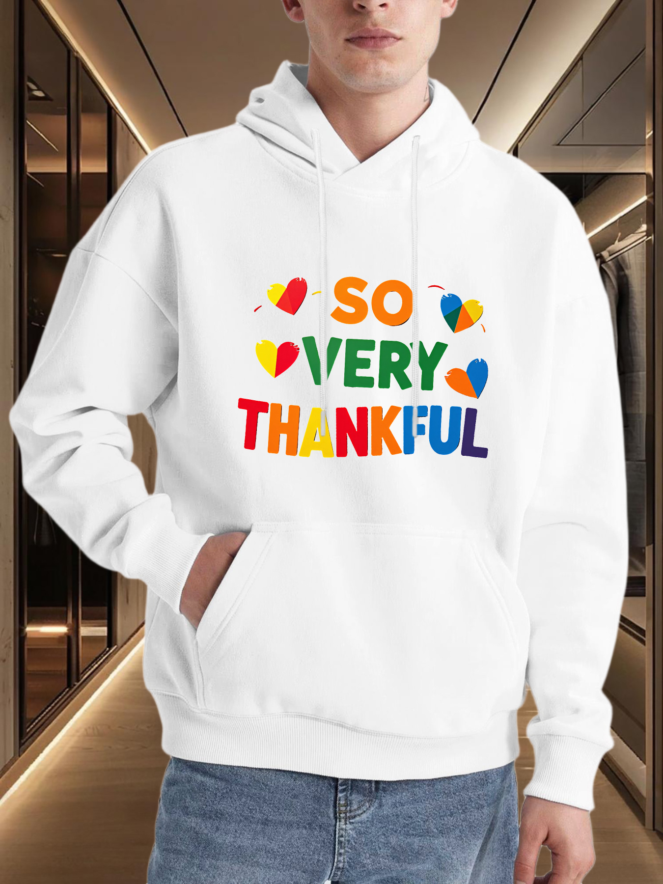Tailorly Men's Printed Hoodie - So Very Thankful With Rainbow Hearts And Bold Colorful Letters Hoodie
