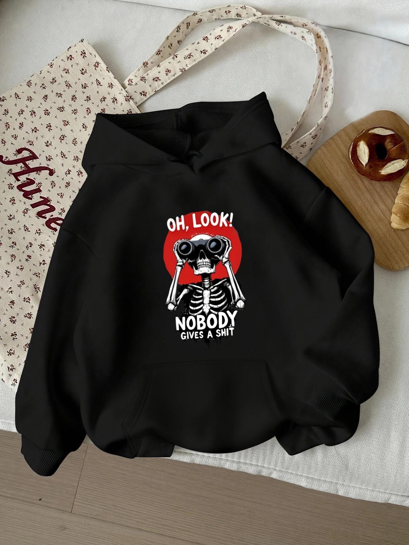 Tailorly Women's Printed Hoodie - Oh Look Nobody Gives A Shit Cartoon Skeleton With Binoculars Under Red Sun