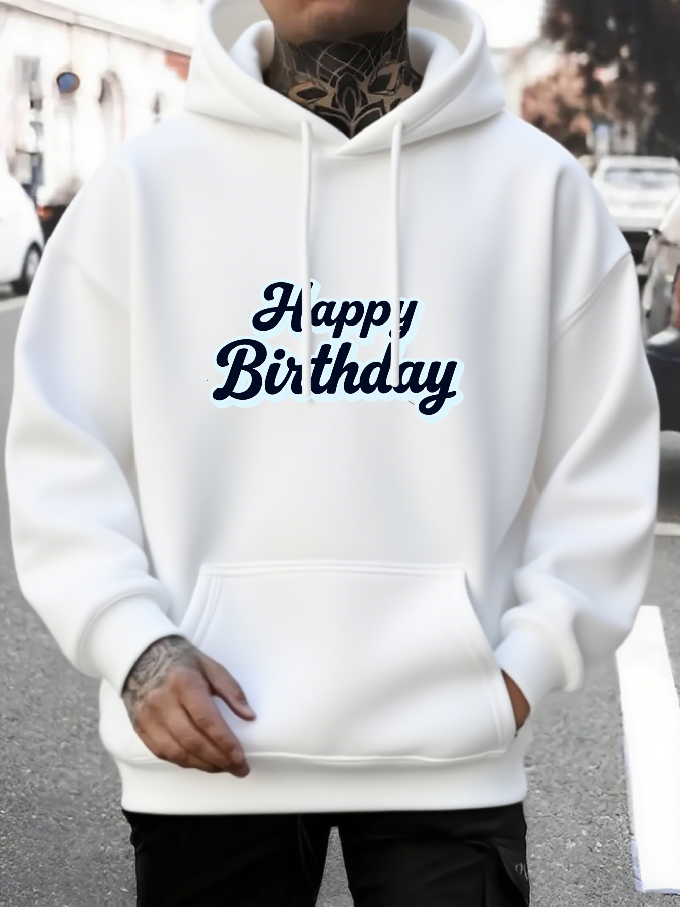 Tailorly Men's Printed Hoodie - Happy Birthday Simple Street Style Soft White Hoodie