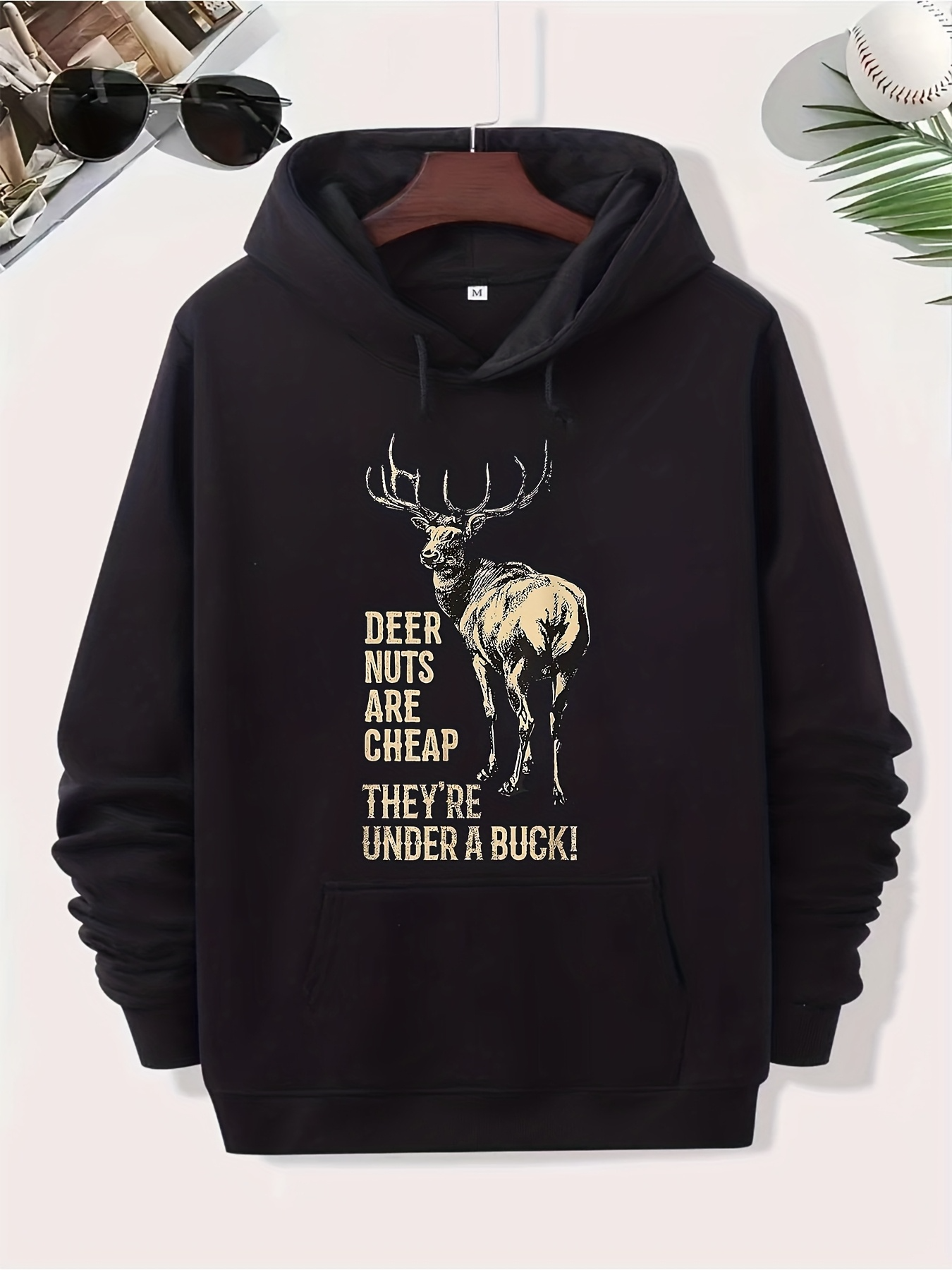 Tailorly Men's Printed Hoodie - Deer Nuts Are Cheap With Large Antlers Standing Proudly Under Forest Deer