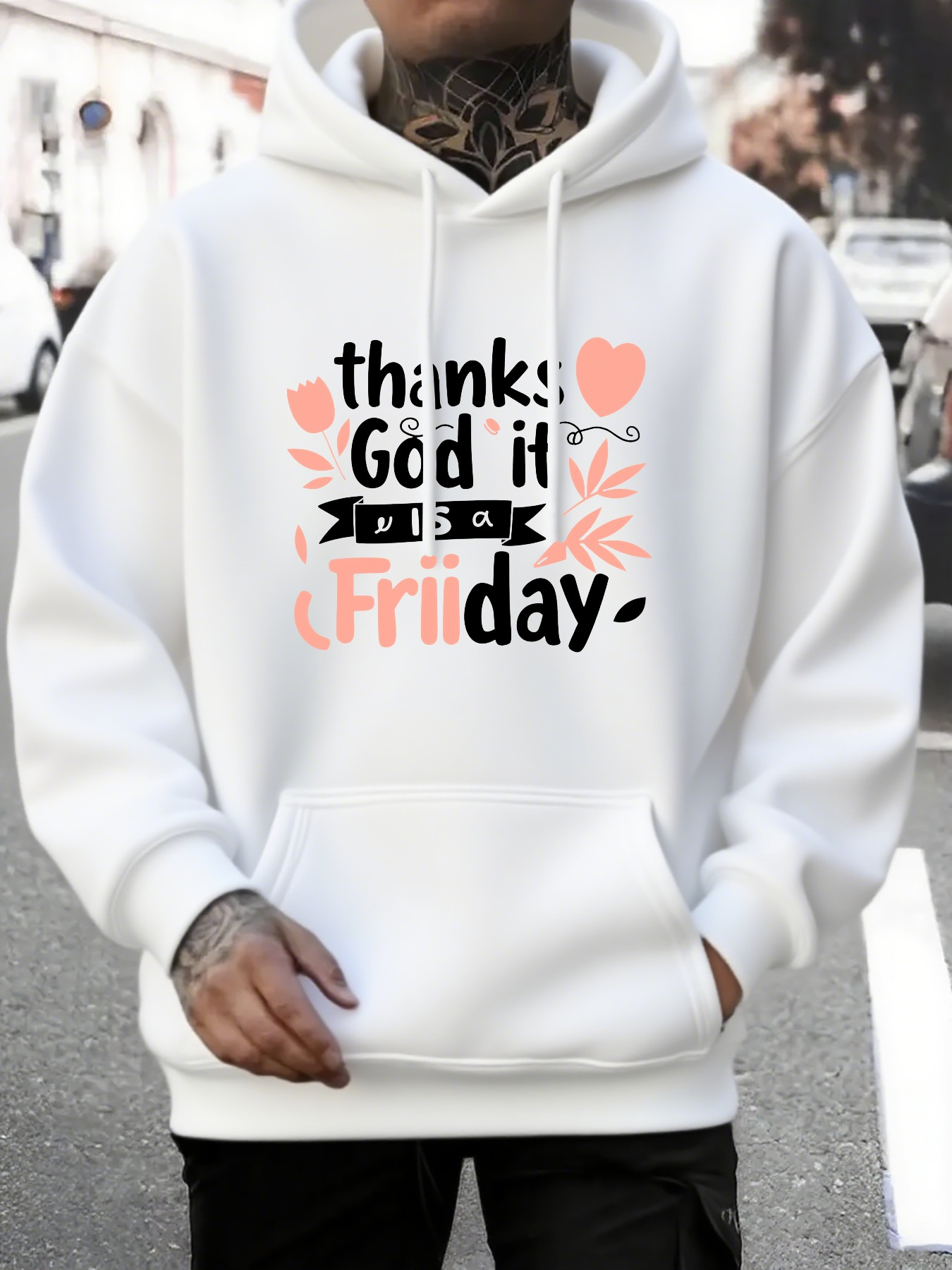 Tailorly Men's Printed Hoodie - Hearts And Leaves With Thank God It Is Friday Text Hoodie