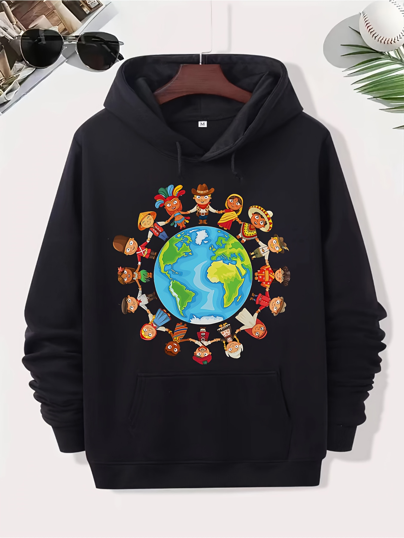 Tailorly Men's Printed Hoodie - Diverse Children Holding Hands Around The Vibrant Colorful Earth Globe