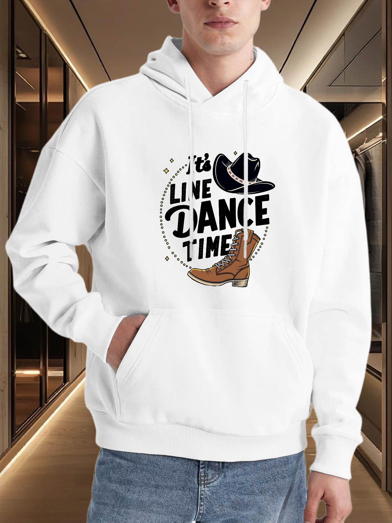 Tailorly Men's Printed Hoodie - Its Line Dance Time With Cowboy Hat And Boots Silhouette