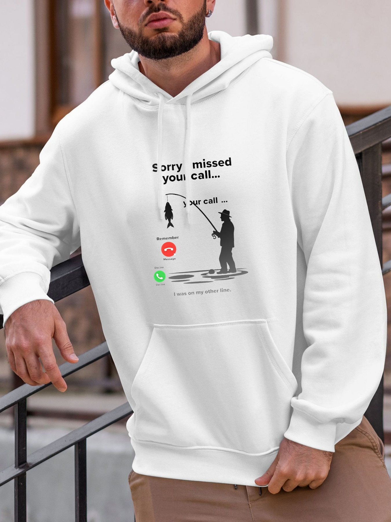 Tailorly Men's Printed Hoodie - Sorry Missed Your Call With Fishing Man And Iconic Phone Graphic