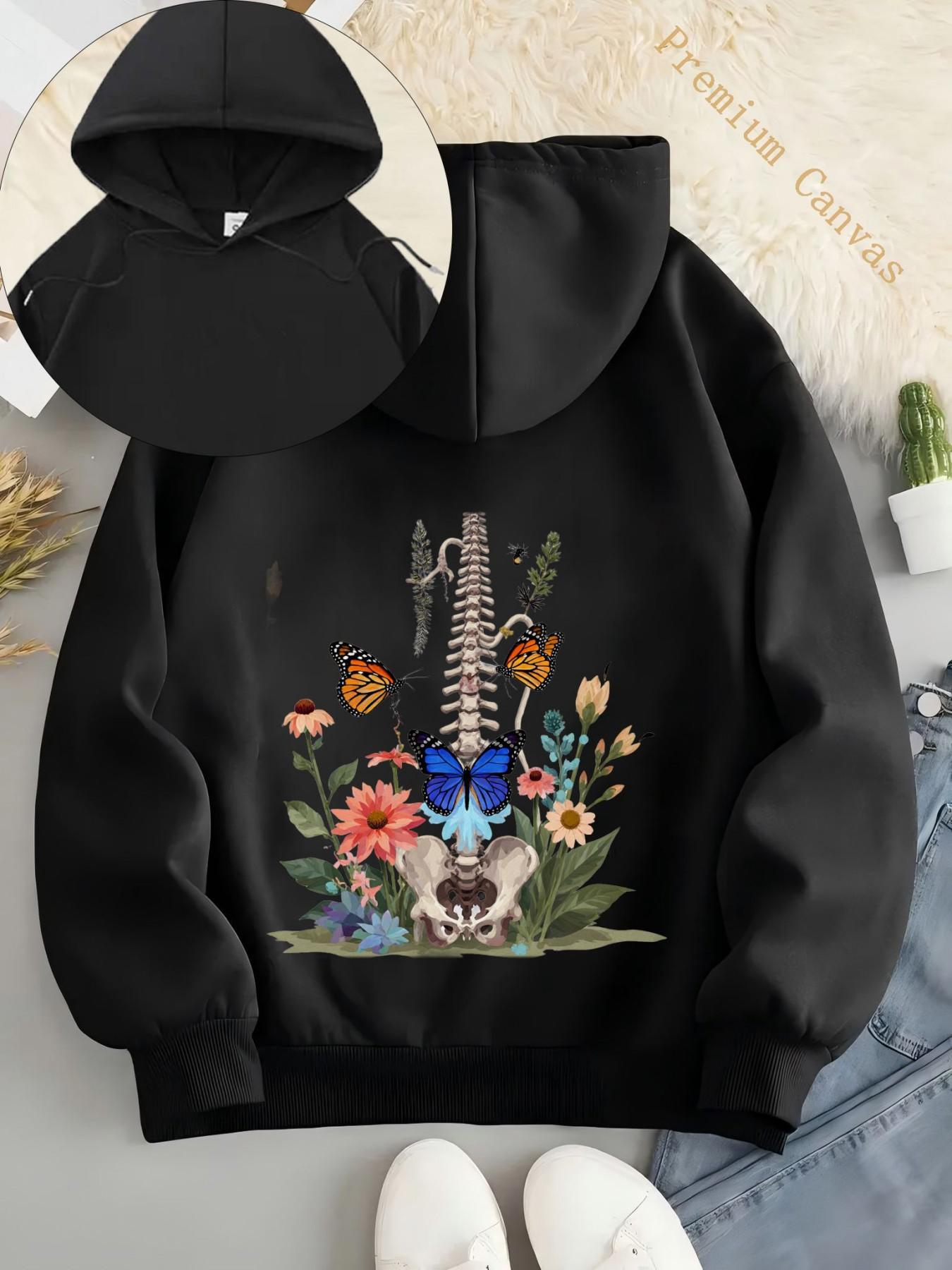 Tailorly Women's Printed Hoodie - Colorful Butterflies And Wild Blooms Surrounding Anatomical Spine