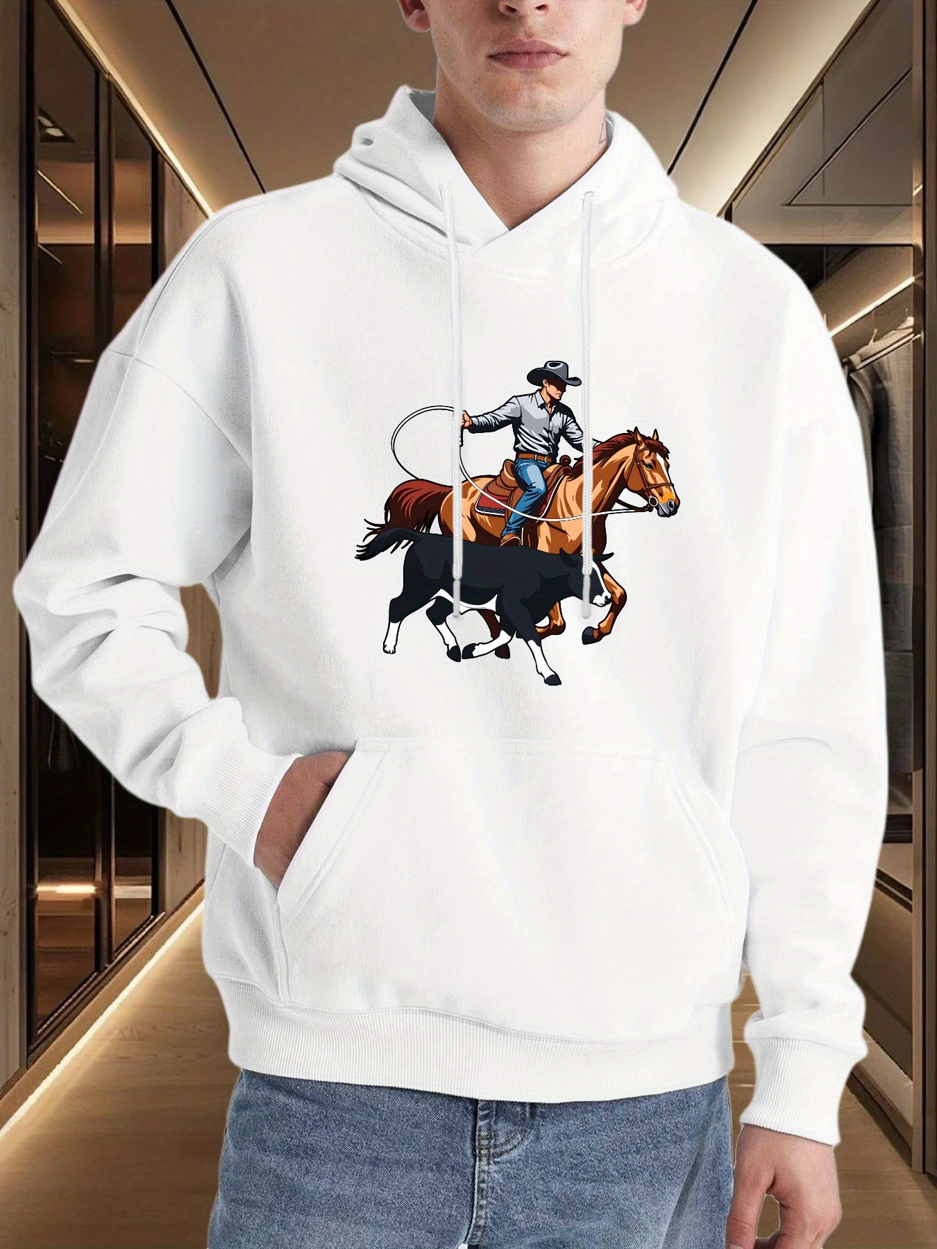 Tailorly Men's Printed Hoodie - Western Cowboy Lassoing Cattle On Open Grassland Horse