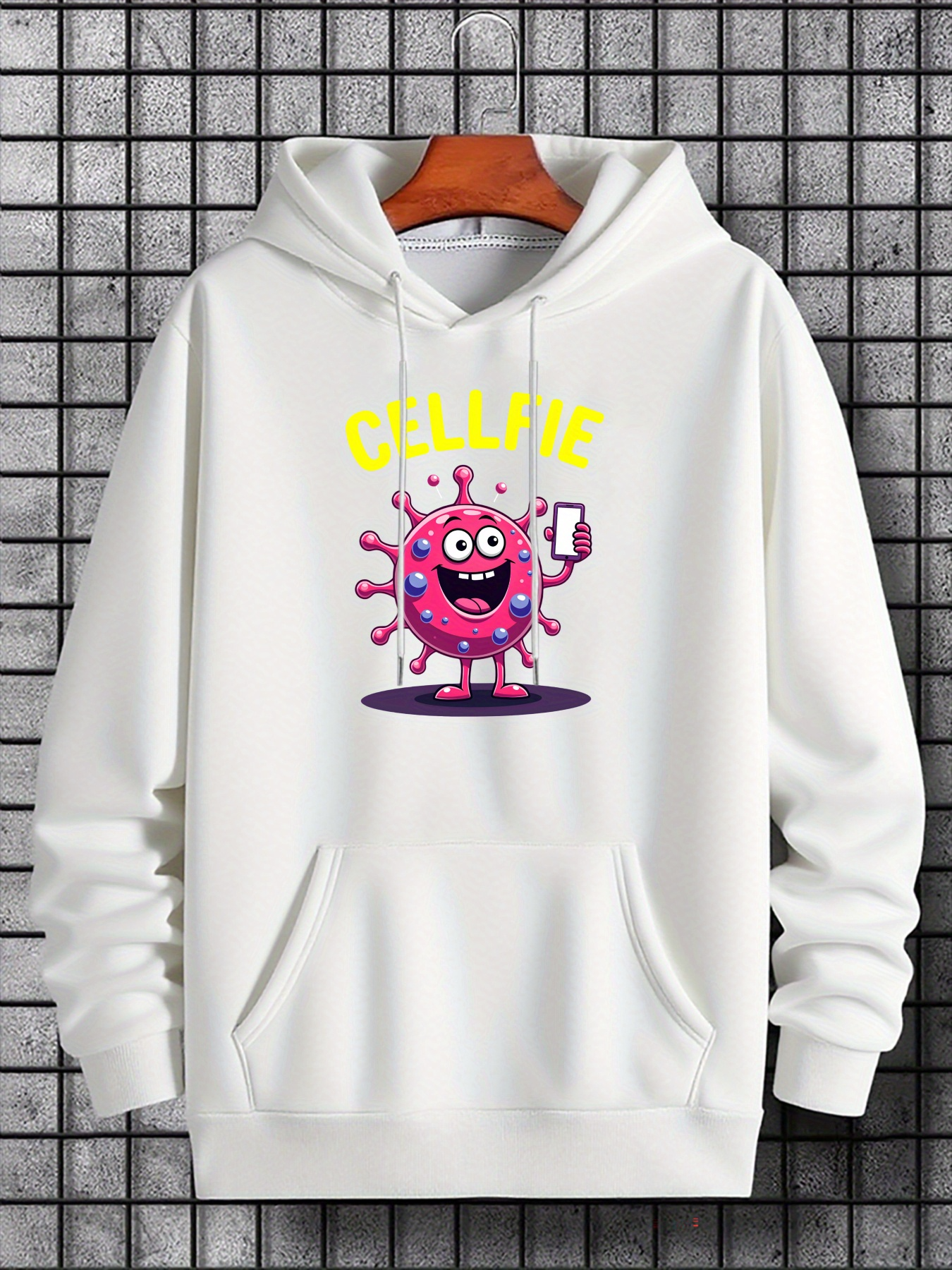 Tailorly Men's Printed Hoodie - Chill Me Happy Smiling Cartoon Virus Under Bright Neon Letters