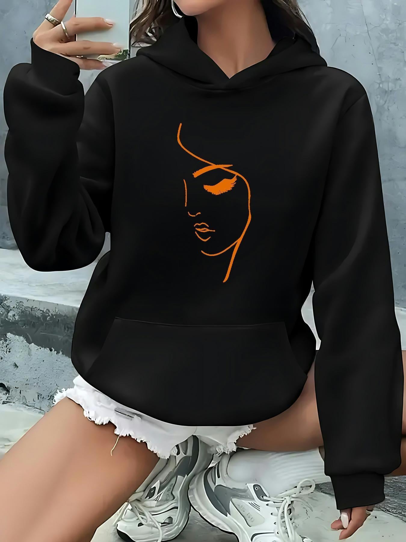 Tailorly Women's Printed Hoodie - Abstract Orange Line Art Face Minimalism Portrait Hoodie