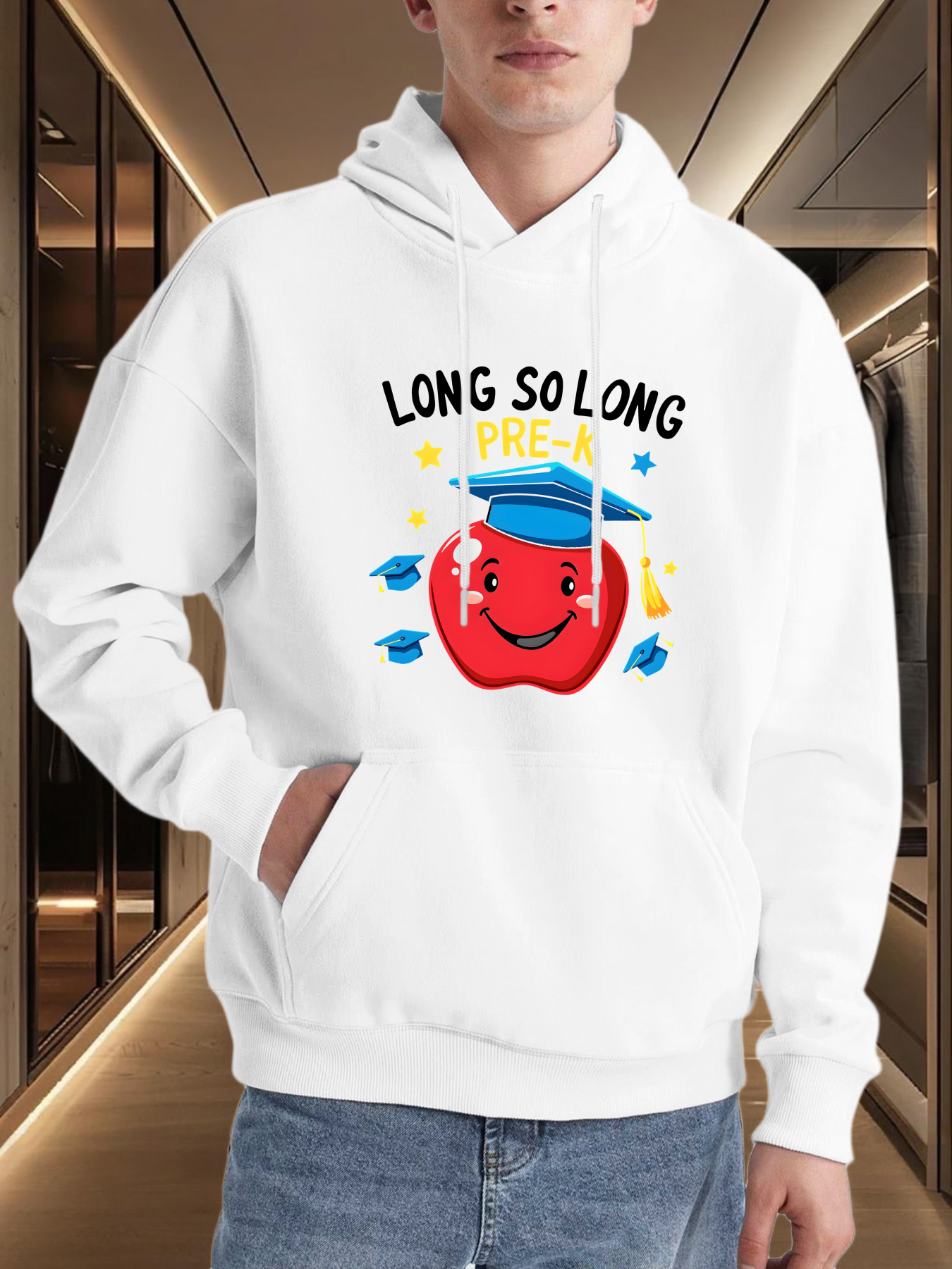 Tailorly Men's Printed Hoodie - Long So Long With Smiling Red Apple Wearing Blue Graduation Cap