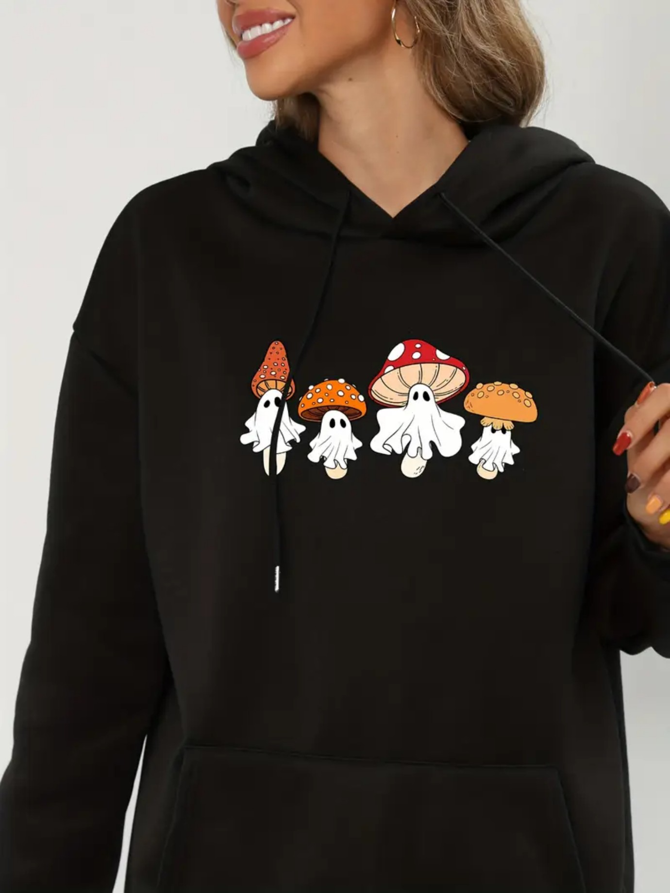 Tailorly Women's Printed Hoodie - Smiling Cartoon Mushrooms With Playful Expressive Faces On Black Hoodie
