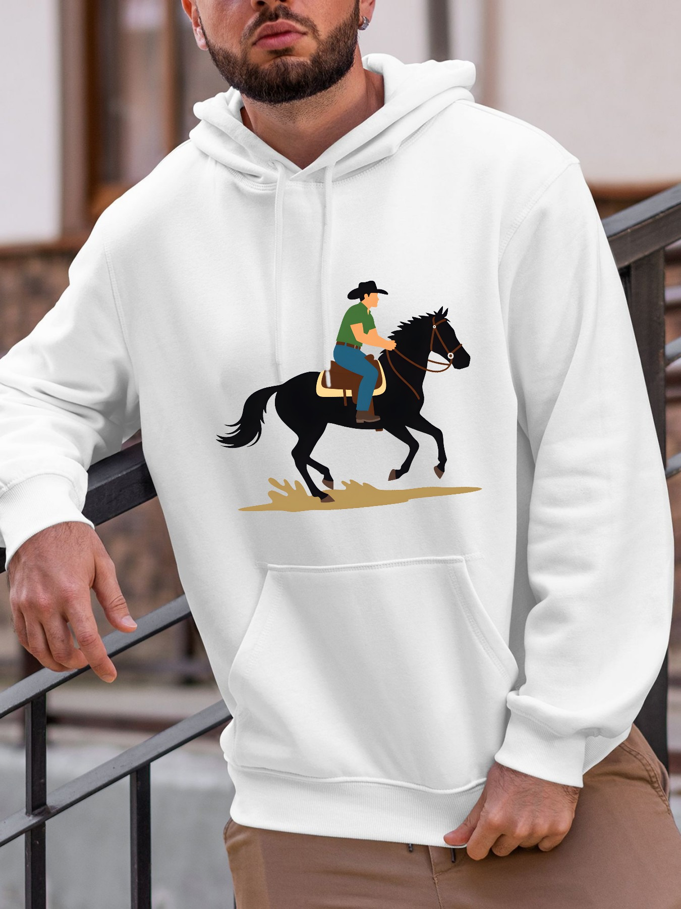 Tailorly Men's Printed Hoodie - Peaceful Countryside Morning With Cowboy Riding Strong Black Horse