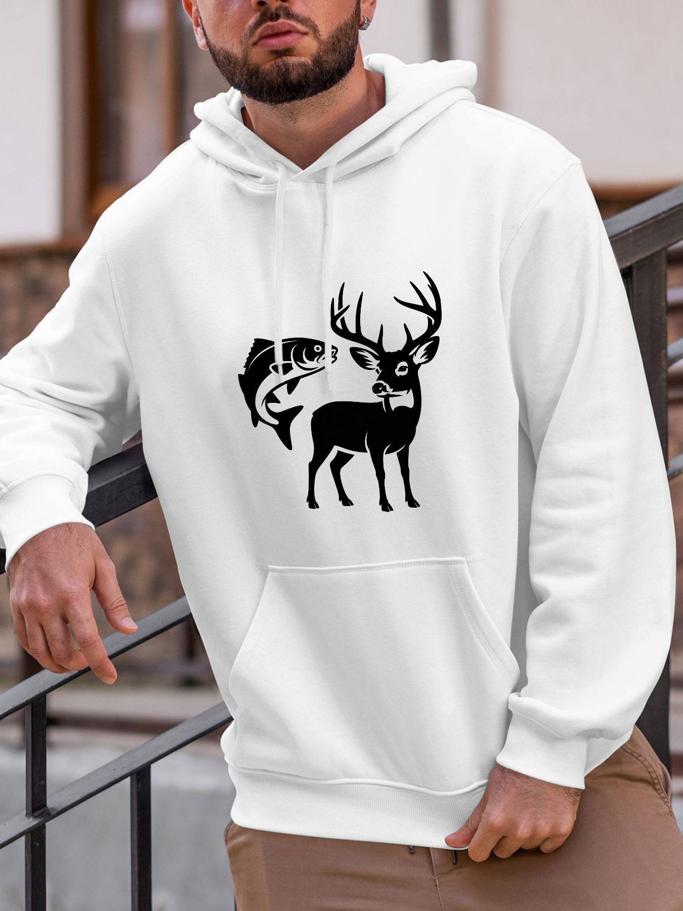 Tailorly Men's Printed Hoodie - Retro Wildlife Silhouette With Leaping Fish Among Forest Deer