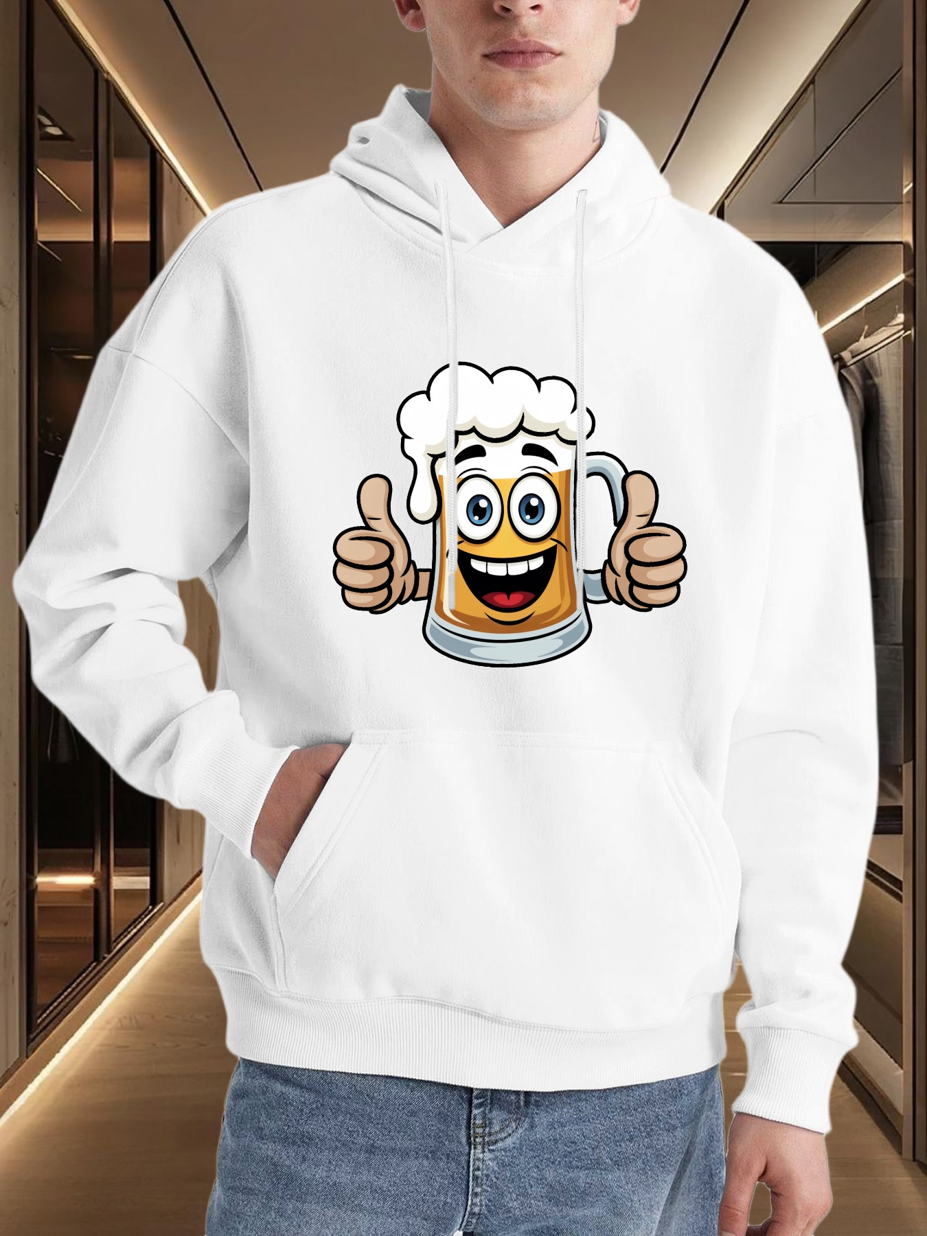 Tailorly Men's Printed Hoodie - Cheerful Cartoon Frothy Mug Giving Thumbs Up With Happy Smile Beer