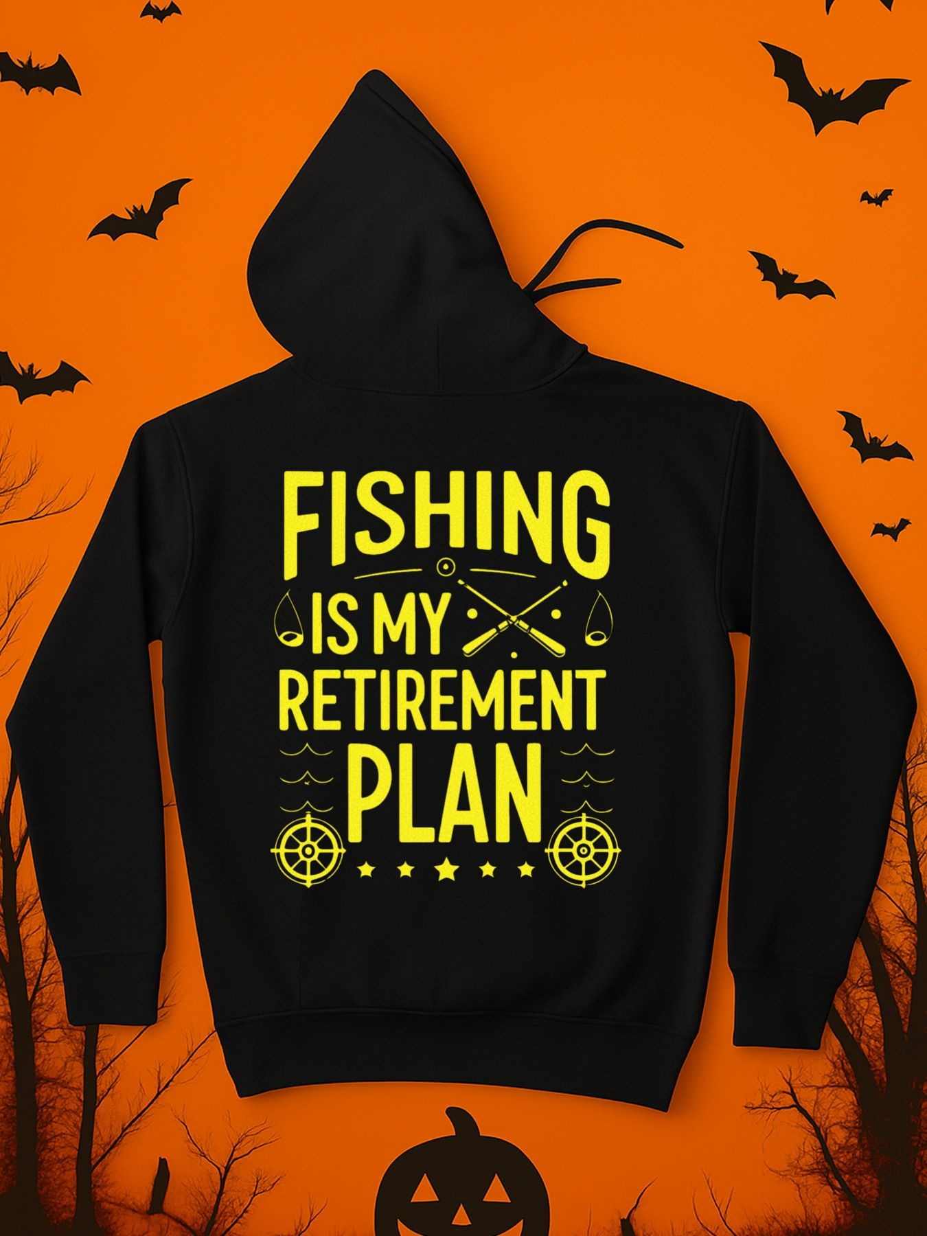 Tailorly Men's Printed Hoodie - Fishing Is My Retirement Plan With Nautical Motifs Rods And Fish Surrounded By Bright Yellow Print Hoodie