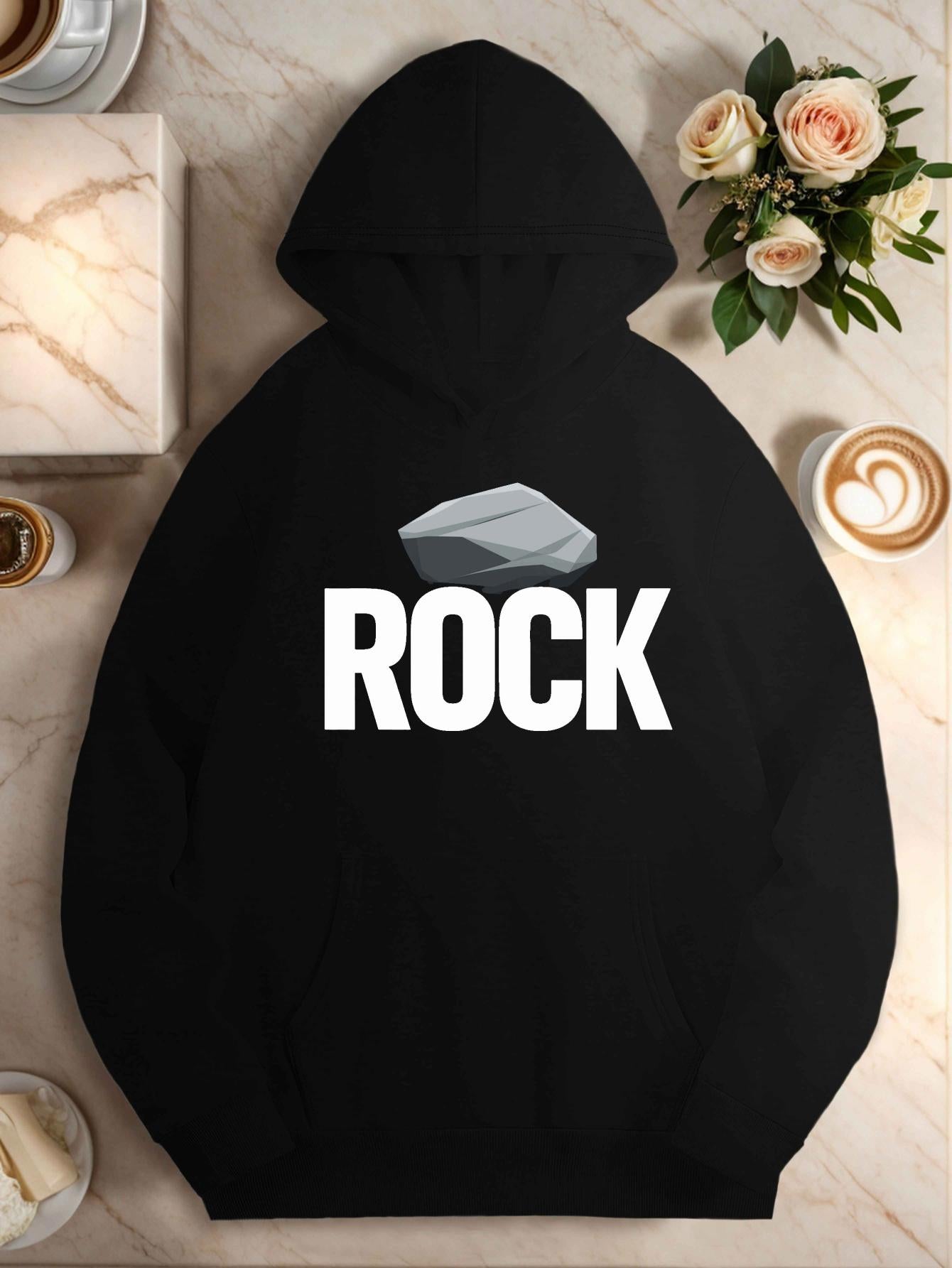 Tailorly Women's Printed Hoodie - Bold Lettering With Grey Stone Above Centered Rock Text Rock