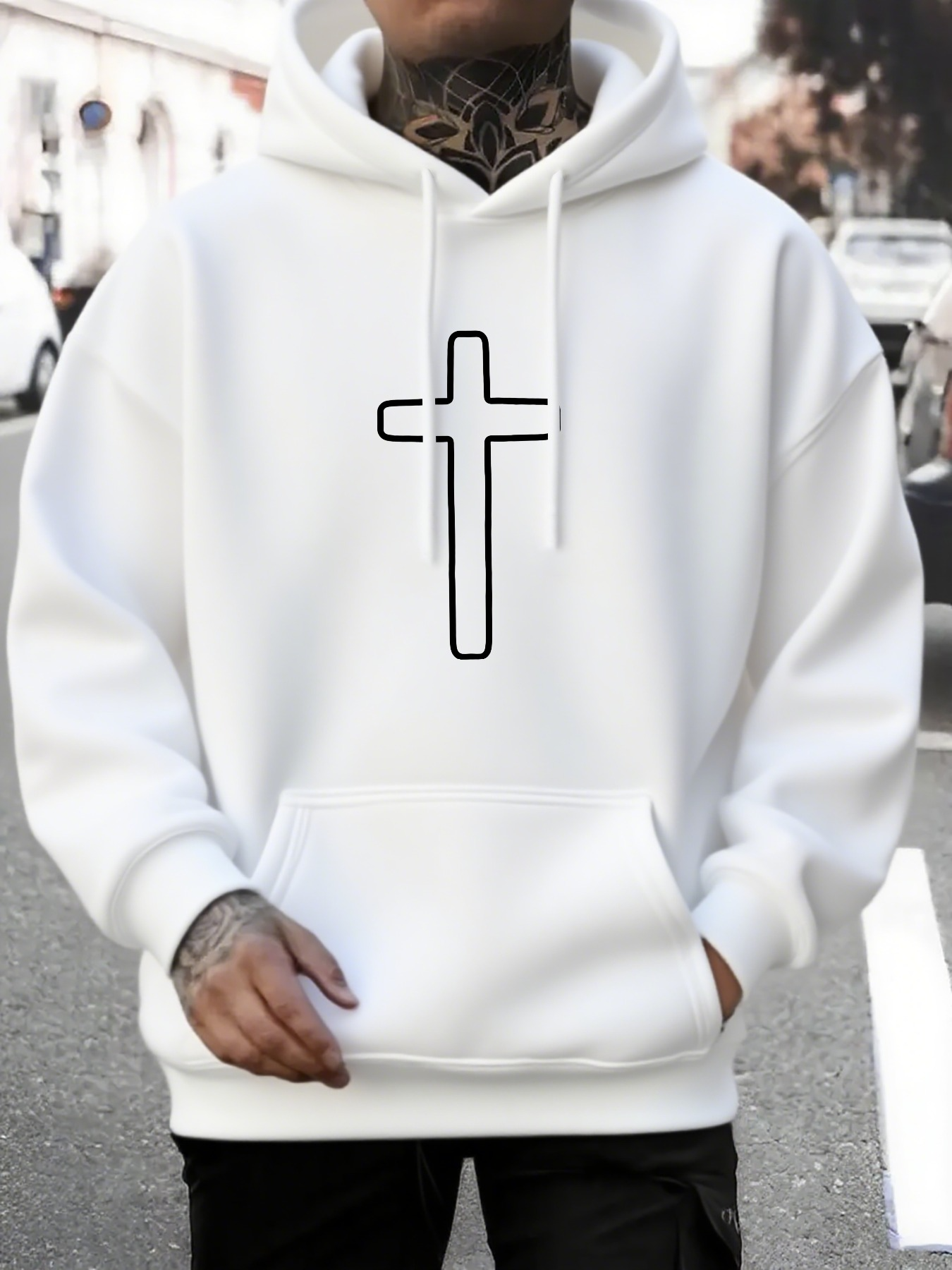 Tailorly Men's Printed Hoodie - Minimalist Black Outlined Cross On Plain Cotton Hoodie