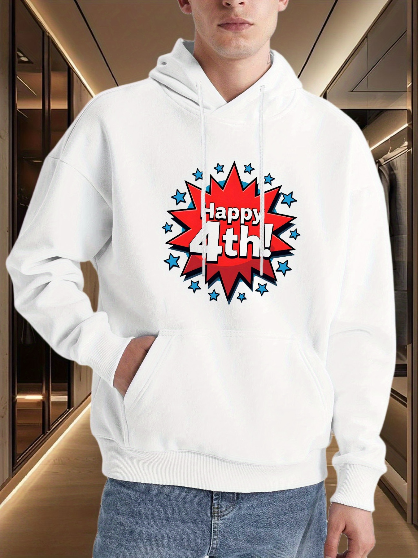 Tailorly Men's Printed Hoodie - Happy 4th Red Blue Burst With Radiating Stars Graphic Hoodie
