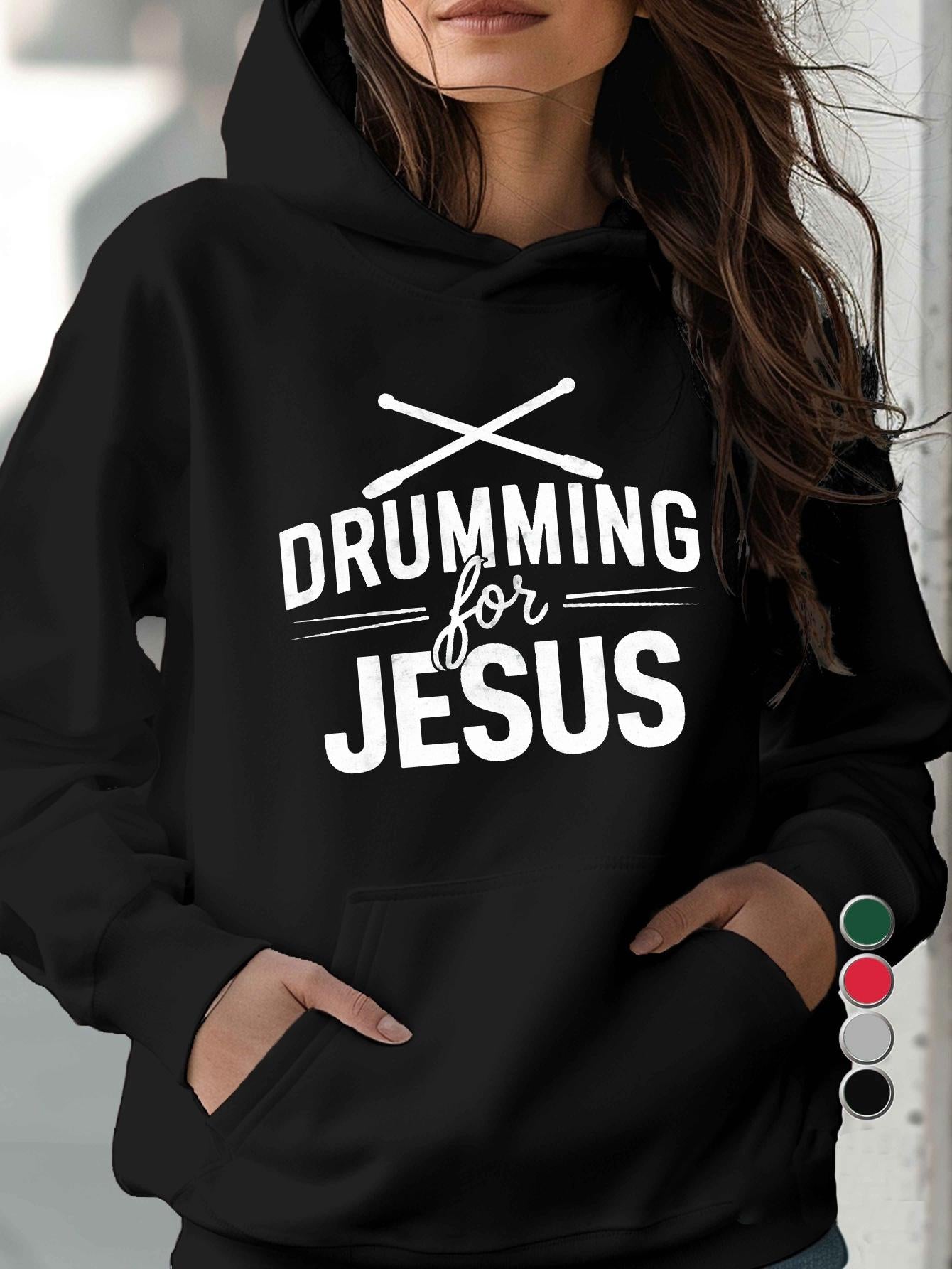 Tailorly Women's Printed Hoodie - Drumming For Jesus Bold Lettering With Crossed Drumsticks Black Hoodie